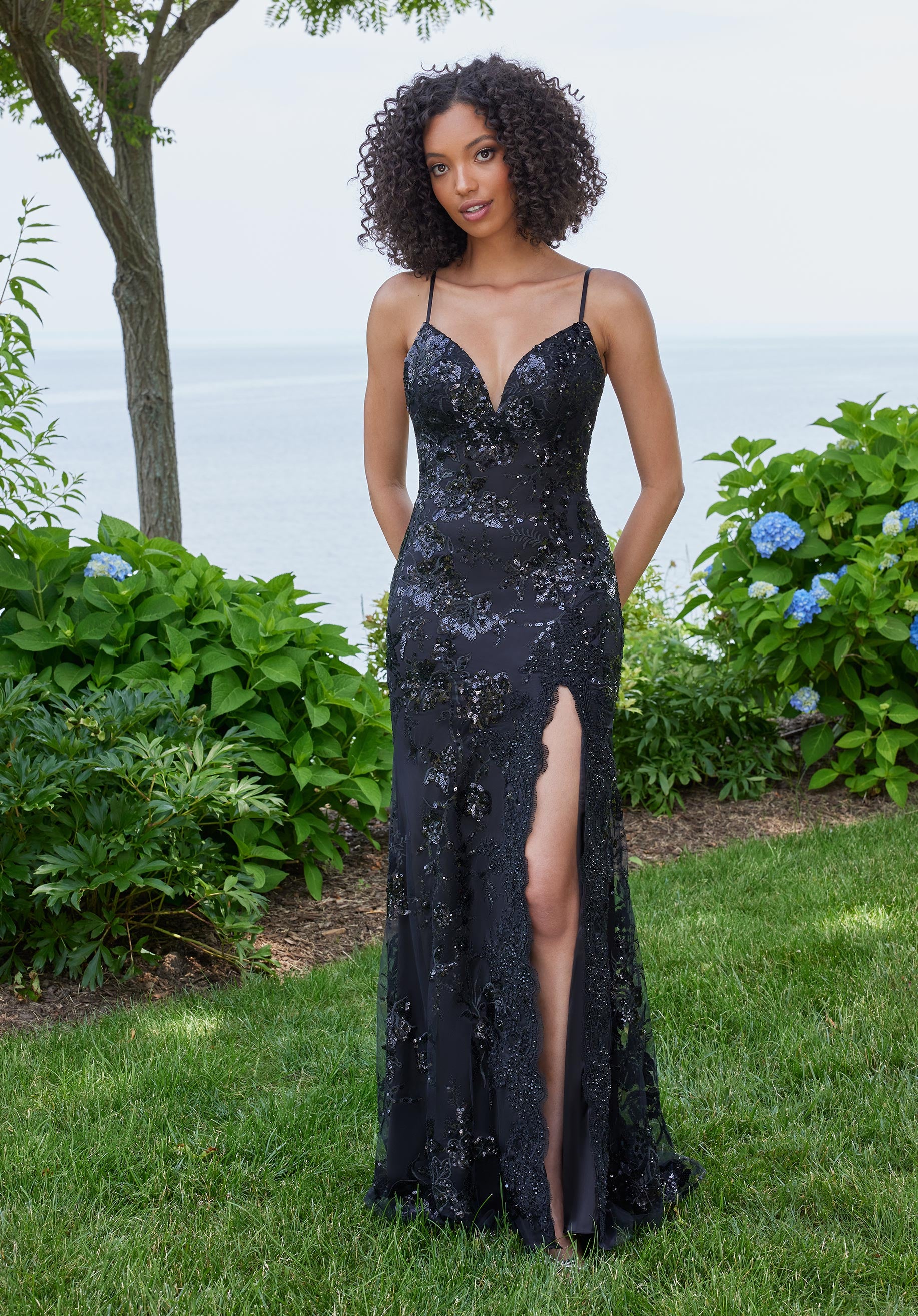 Prom Dresses Long Formal Floral Sequin Lace Prom Dress Black/Black