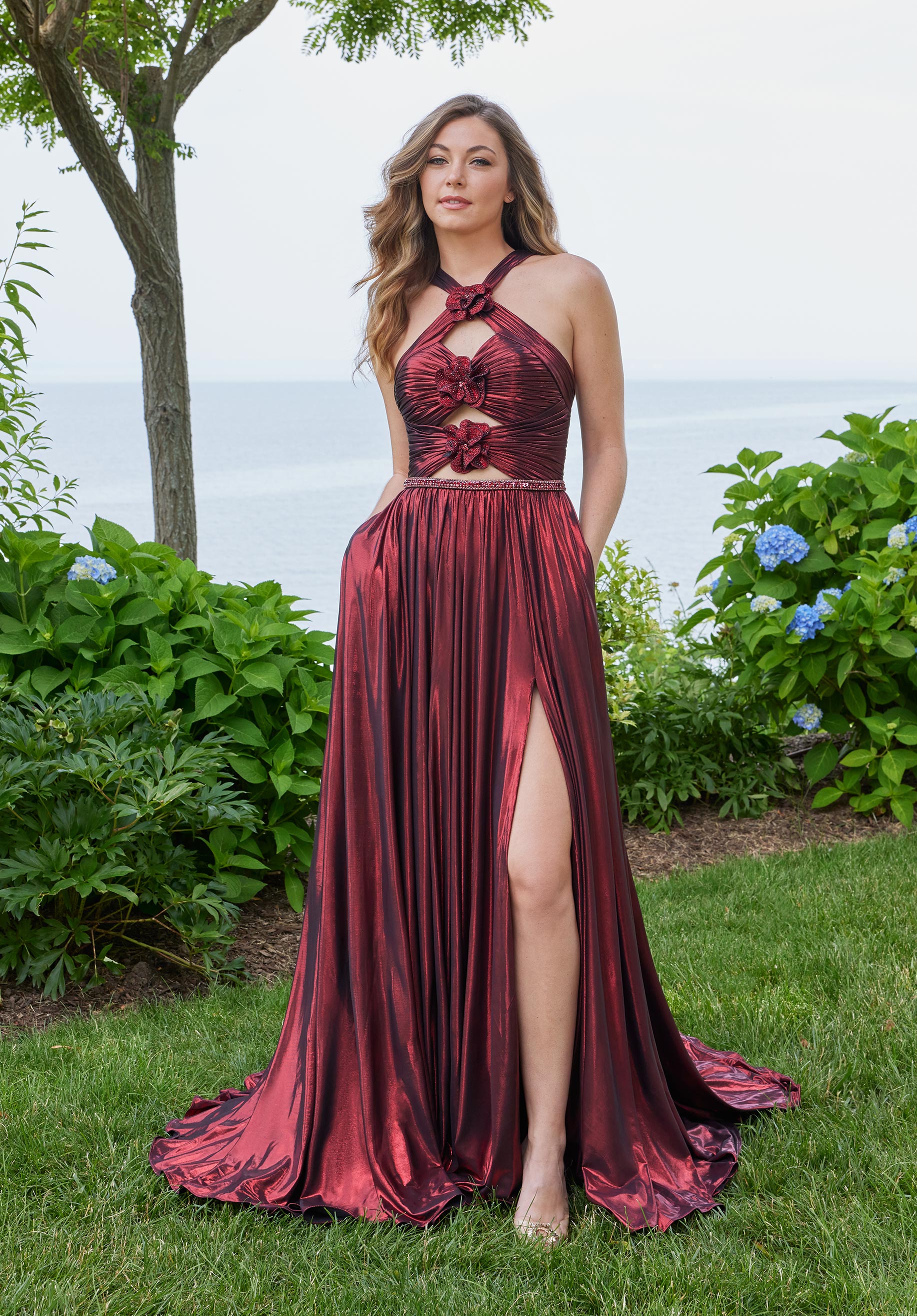 MGNY Madeline Gardner New York 49143 Metallic Long A Line Formal Prom Dress