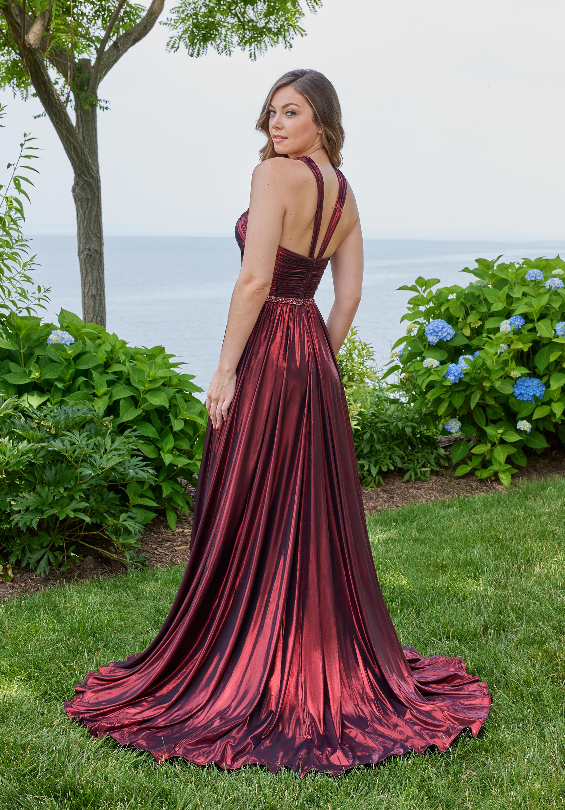 MGNY Madeline Gardner New York 49143 Metallic Long A Line Formal Prom Dress