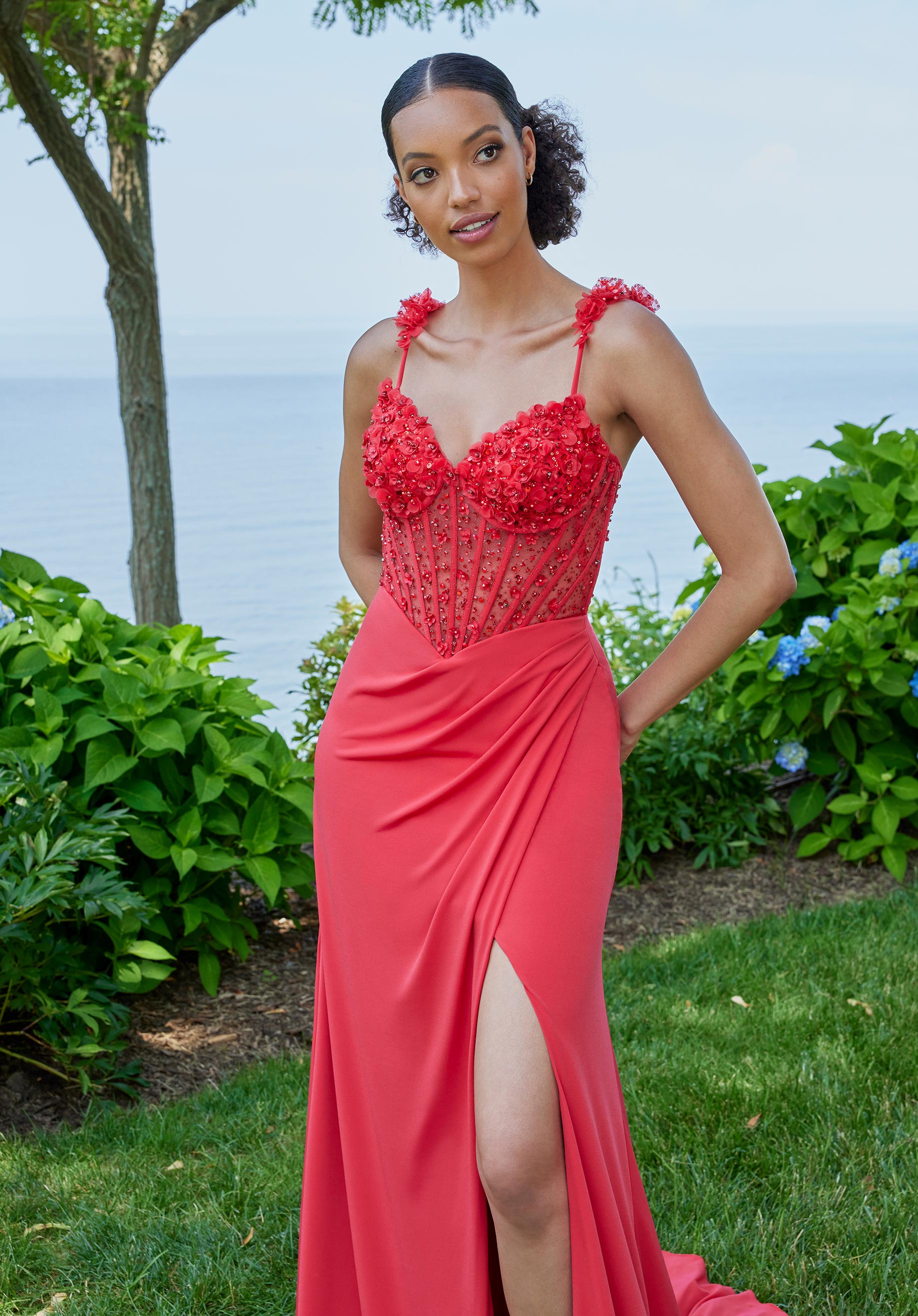 MGNY Madeline Gardner New York 49152 Long 3D Floral Slit Formal Prom Dress