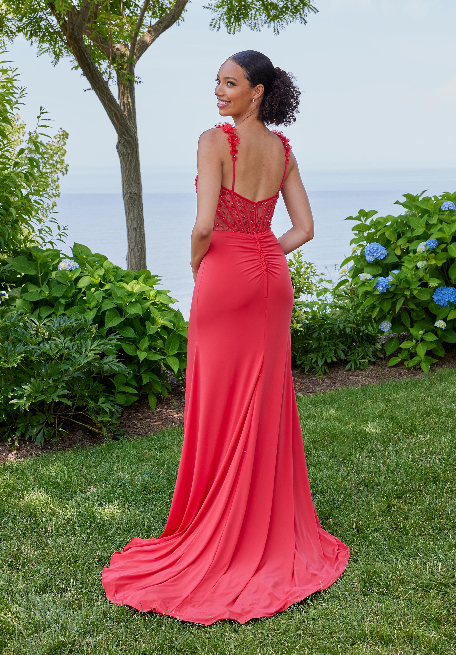 MGNY Madeline Gardner New York 49152 Long 3D Floral Slit Formal Prom Dress
