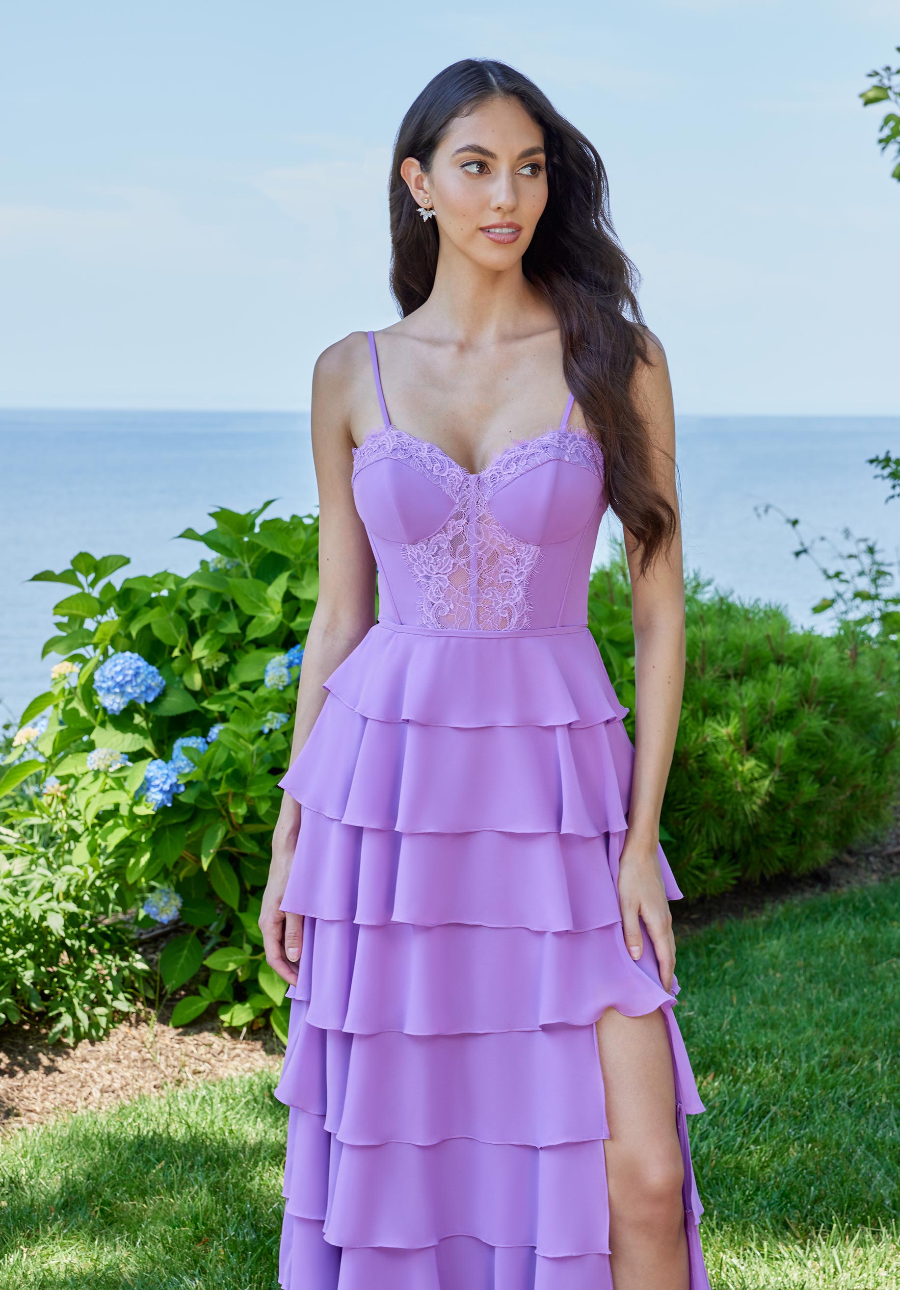 MGNY Madeline Gardner New York 49162 A Line Long Formal Prom Layered Ruffle Dress