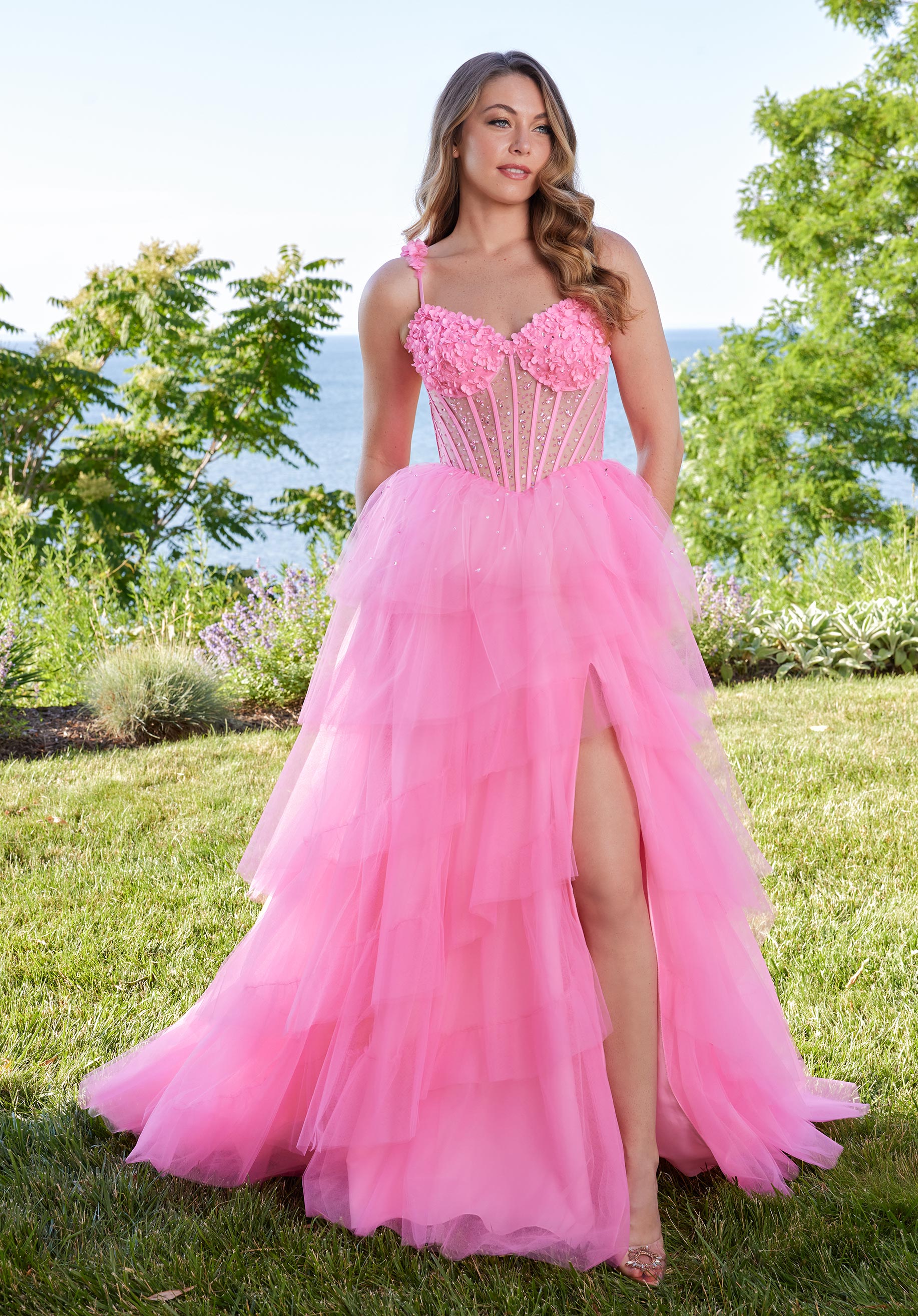 MGNY Madeline Gardner New York 49181 A Line Long Tiered Floral Prom Dress