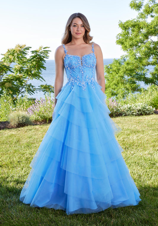 Prom Dresses Ball Gown Tiered Long Formal Prom Floral Dress French Blue
