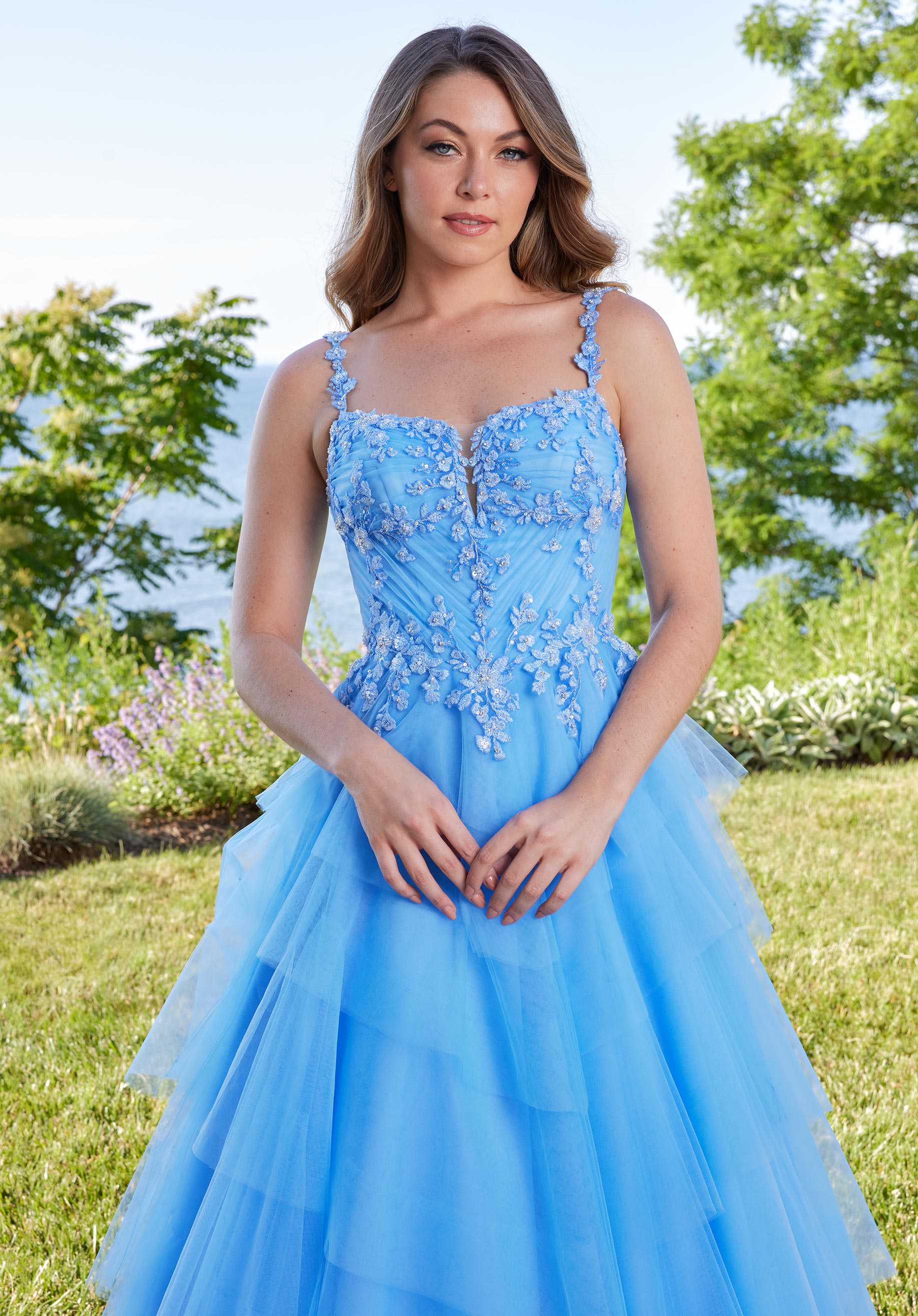 Prom Dresses Ball Gown Tiered Long Formal Prom Floral Dress French Blue