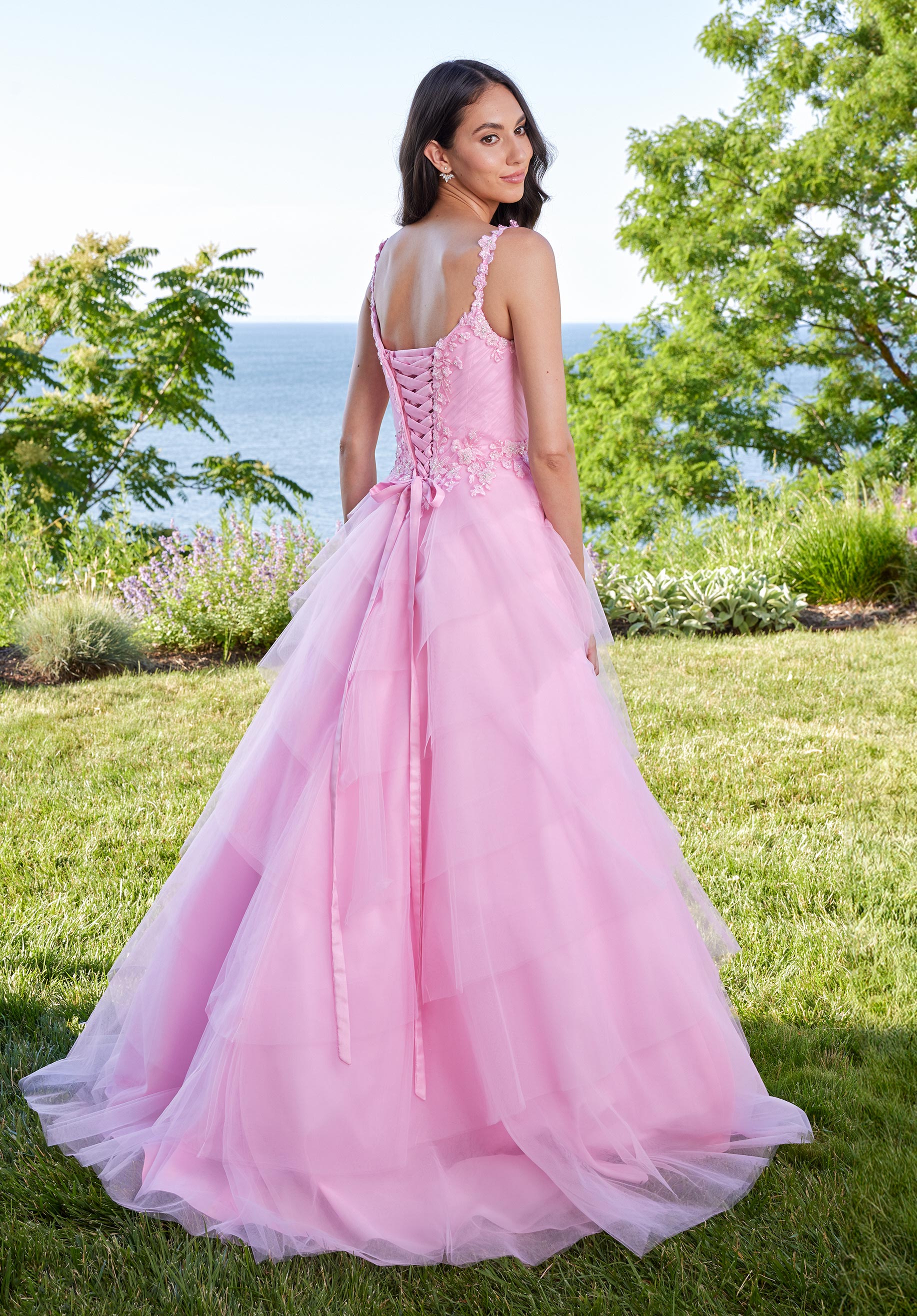 Prom Dresses Ball Gown Tiered Long Formal Prom Floral Dress Pucker Up Pink