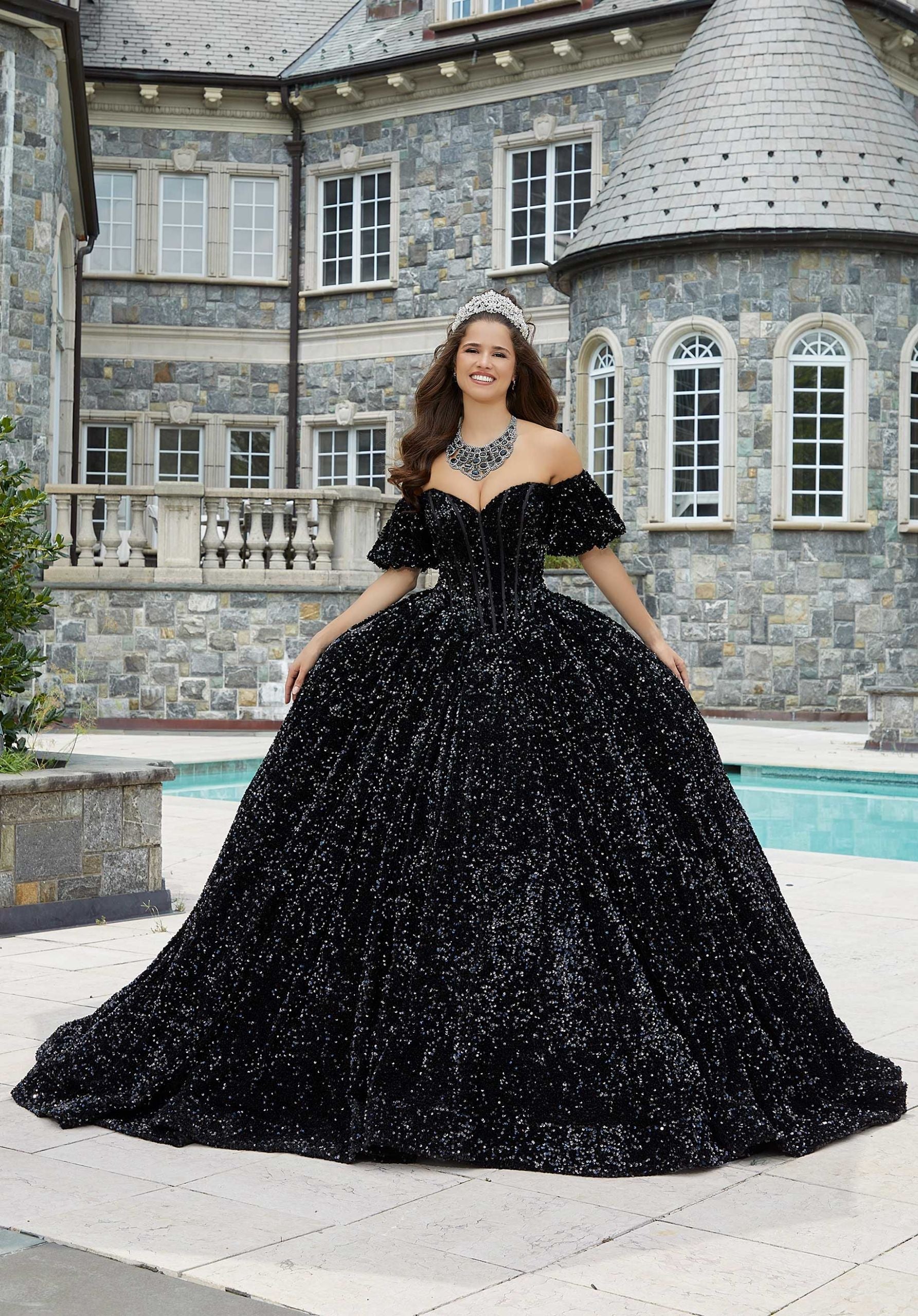 Off-the-Shoulder Floor-Length Sequin Quinceañera Ball Gown MGNY Madeline Gardner New York 60171