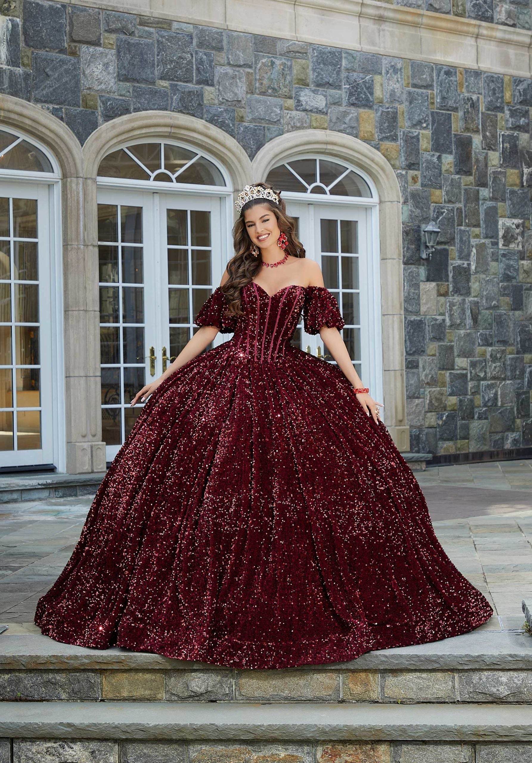 Off-the-Shoulder Floor-Length Sequin Quinceañera Ball Gown MGNY Madeline Gardner New York 60171