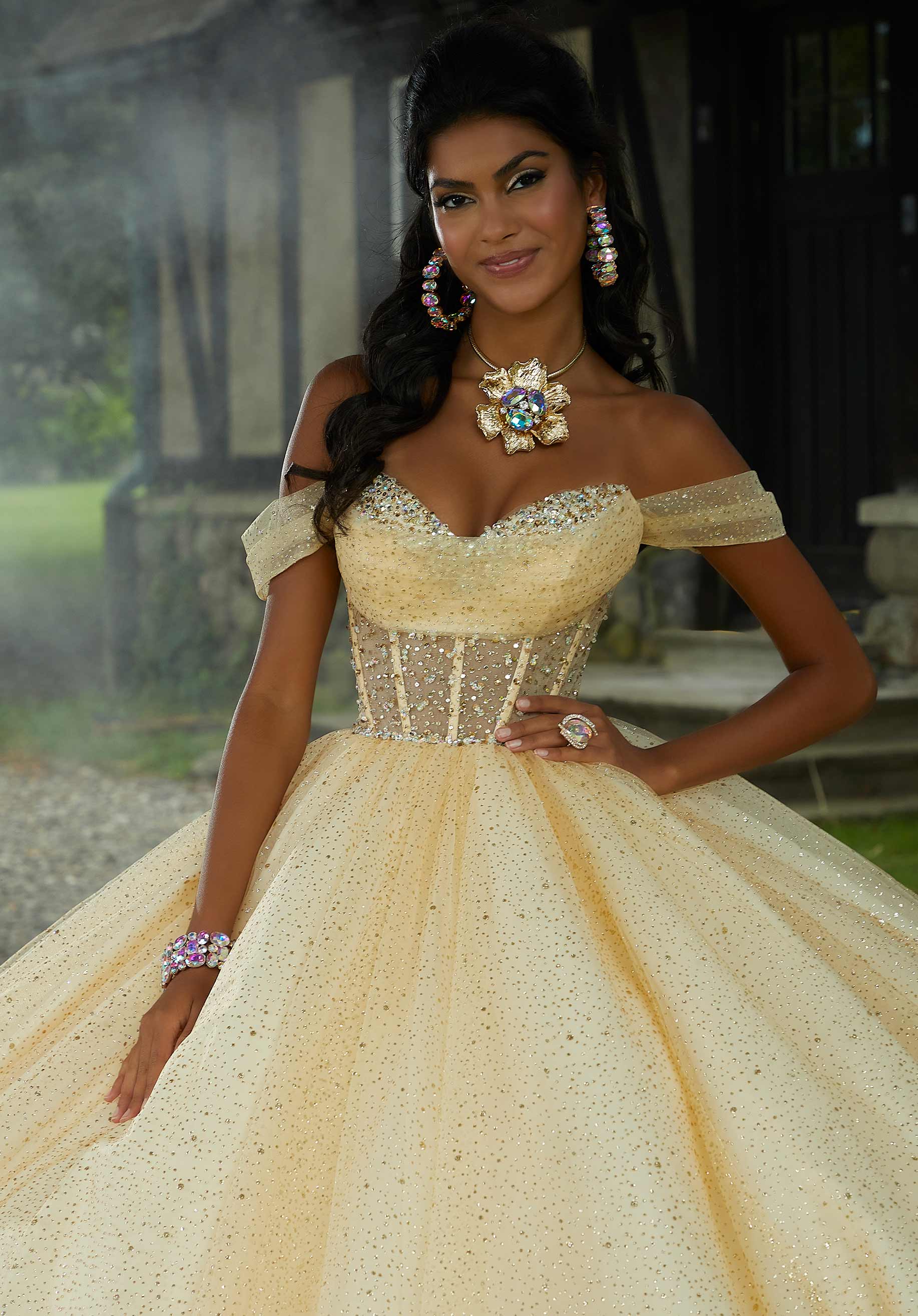 Off-the-Shoulder Floor-Length Tulle Quinceañera Ball Gown MGNY Madeline Gardner New York 60194