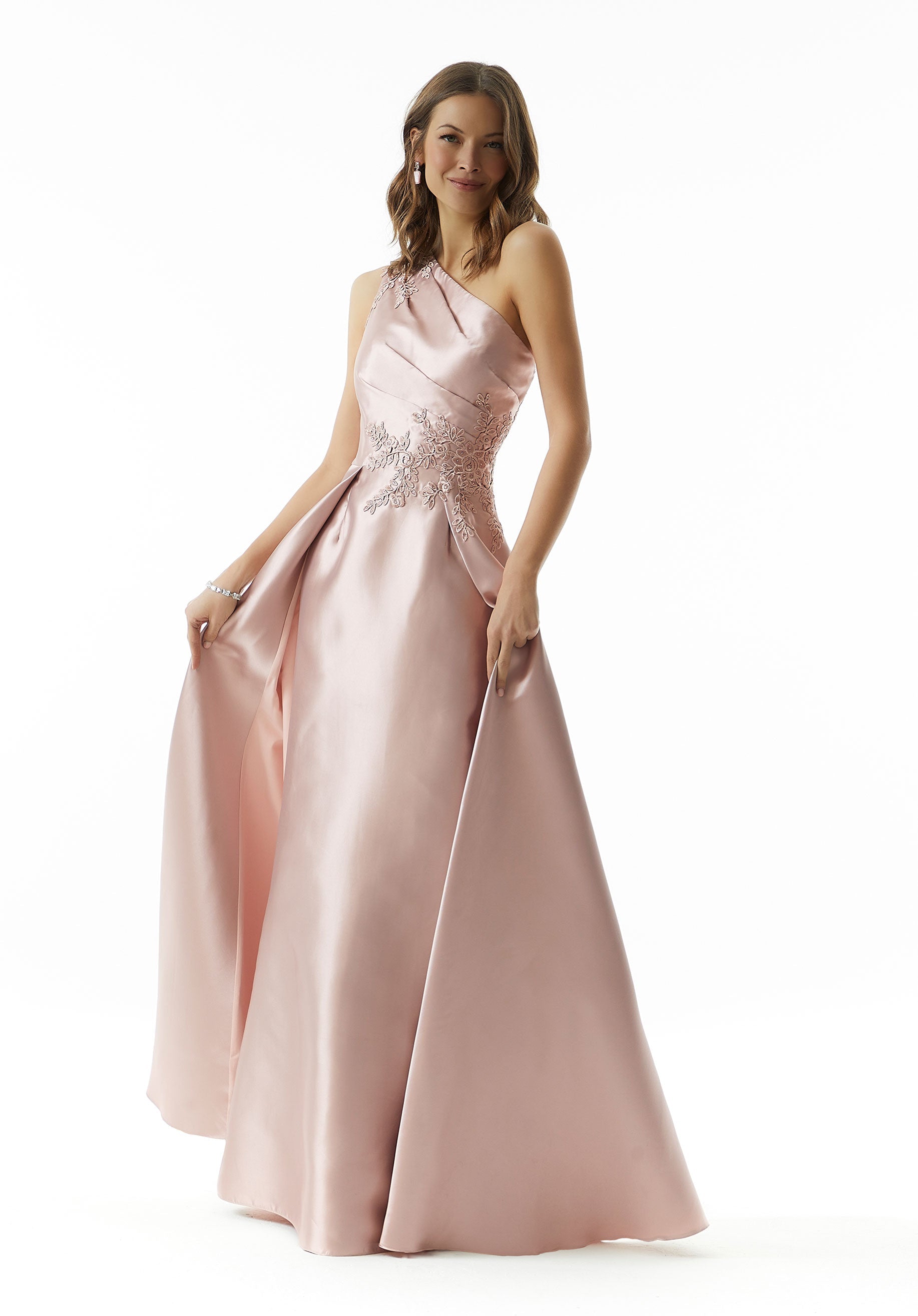 Blush One-Shoulder Floor-Length Satin Evening Gown with Beaded Lace MGNY Madeline Gardner New York 73003