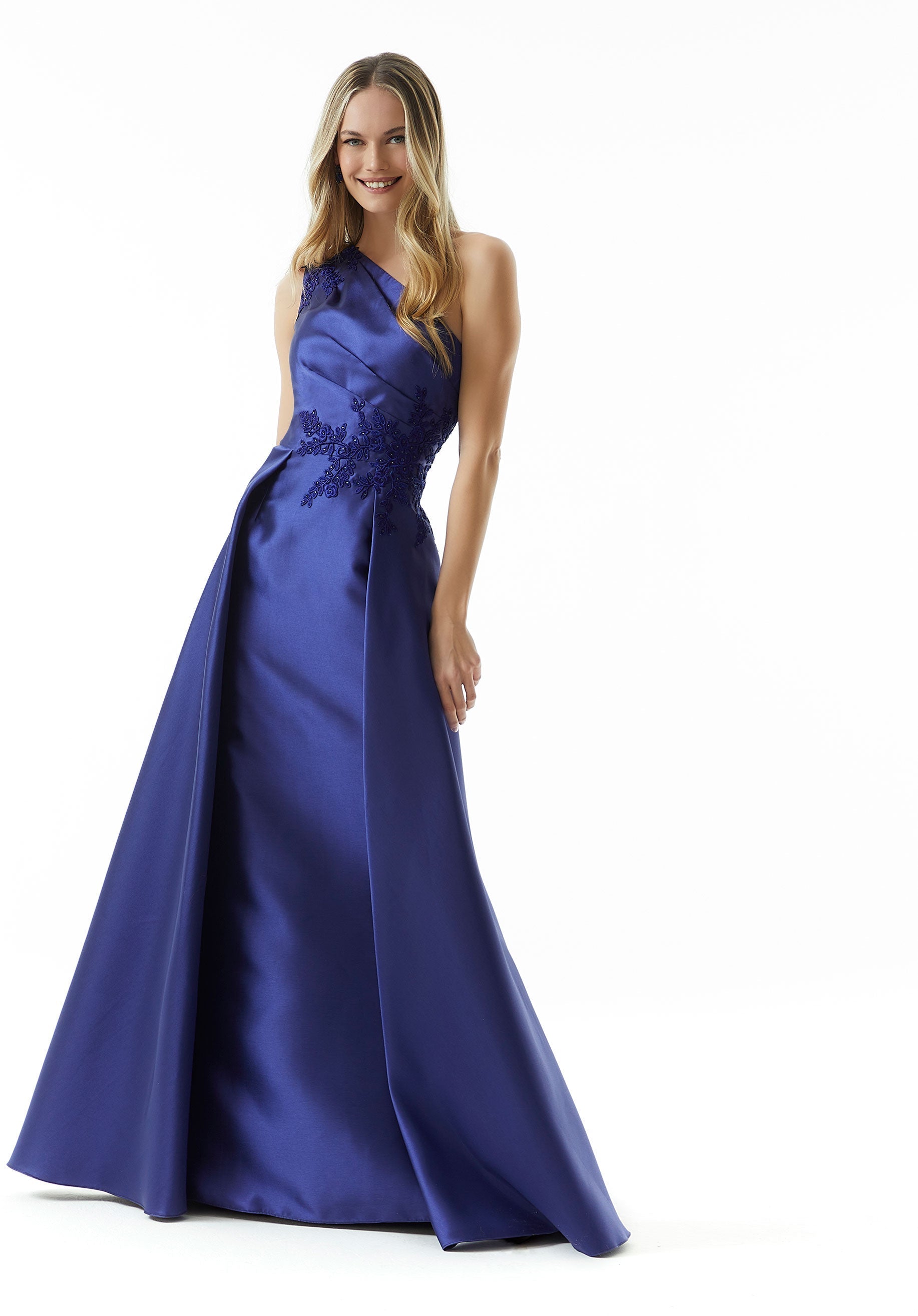 Sapphire One-Shoulder Floor-Length Satin Evening Gown with Beaded Lace MGNY Madeline Gardner New York 73003