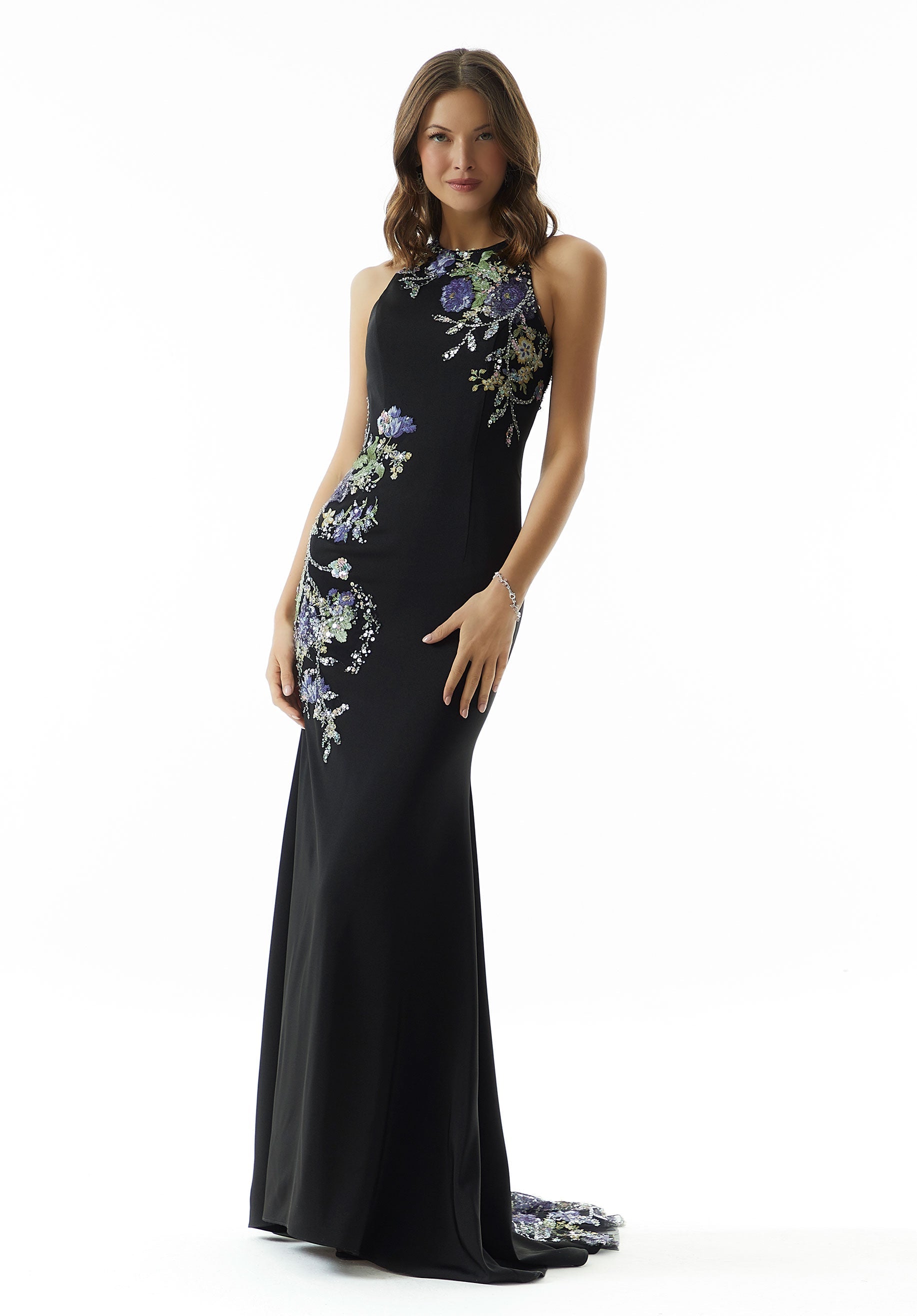 Black/Multi High Jewel Neck Floor-Length Crepe Evening Gown with Floral Embroidery MGNY Madeline Gardner New York 73006