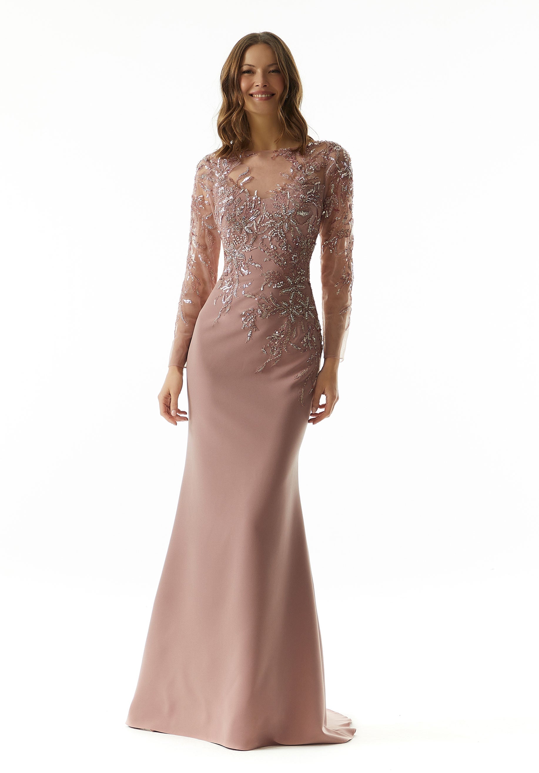 Dusty Rose Illusion Floor-Length Crepe Evening Gown with Long Sleeves and Metallic Embroidery MGNY Madeline Gardner New York 73007