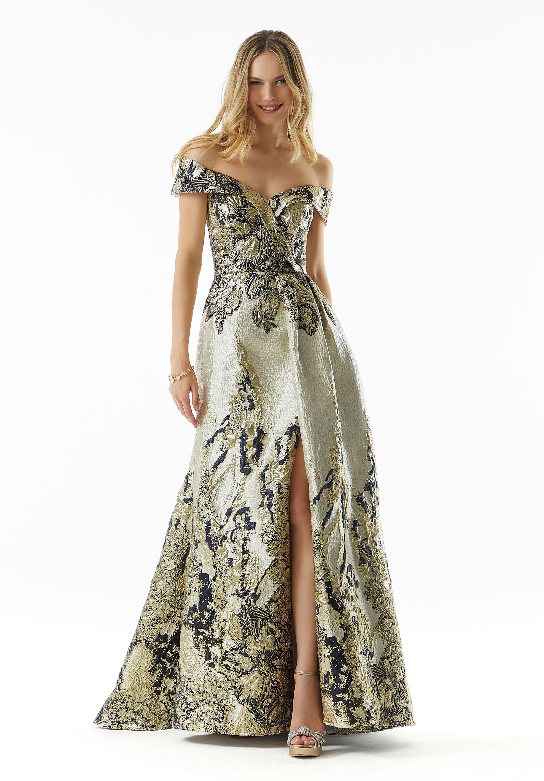 Midnight/Gold Off-the-Shoulder Floor-Length Metallic Jacquard Formal Evening Gown with Front Drape MGNY Madeline Gardner New York 73008