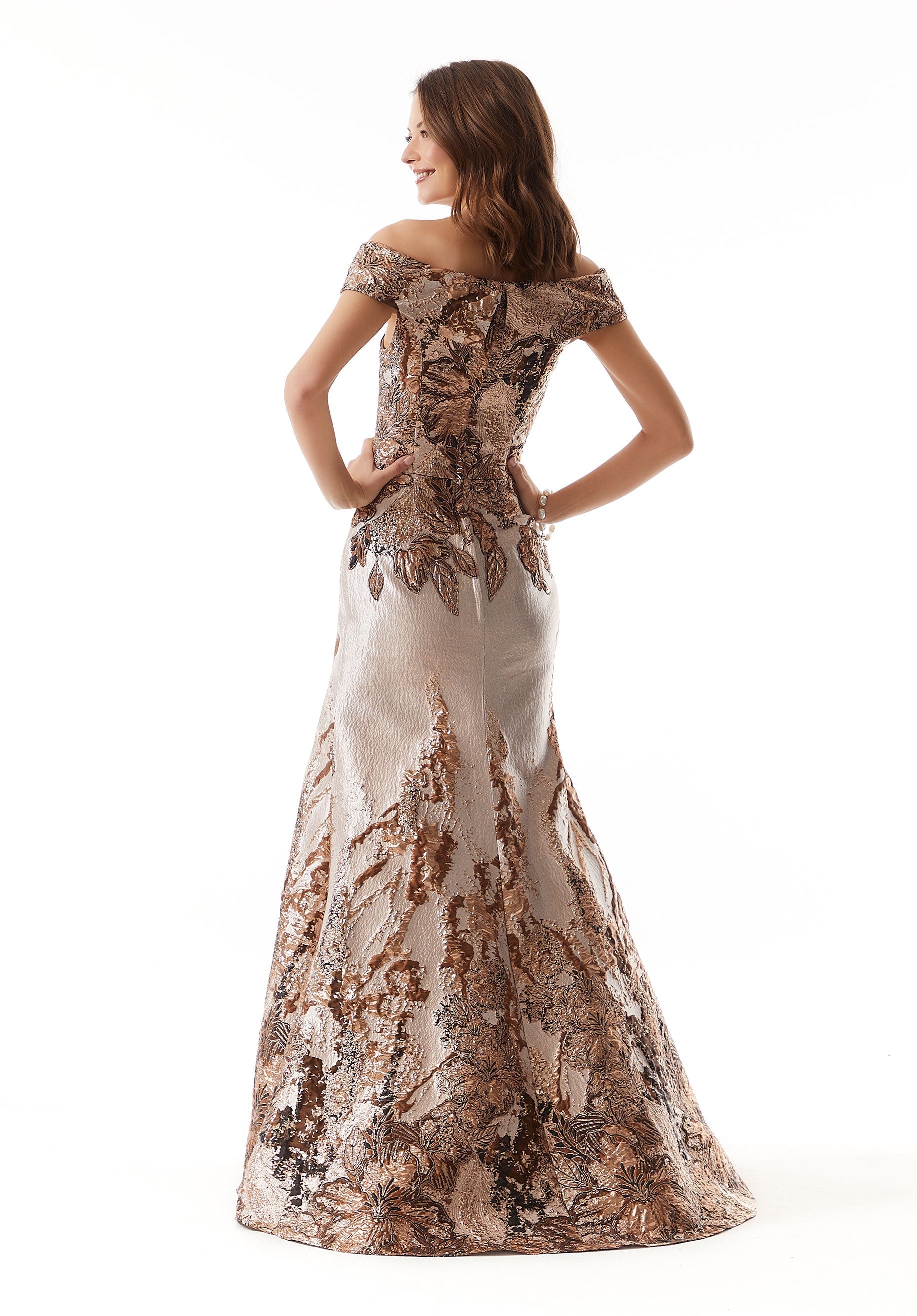 Rose Gold Off-the-Shoulder Floor-Length Metallic Jacquard Formal Evening Gown with Front Drape MGNY Madeline Gardner New York 73008