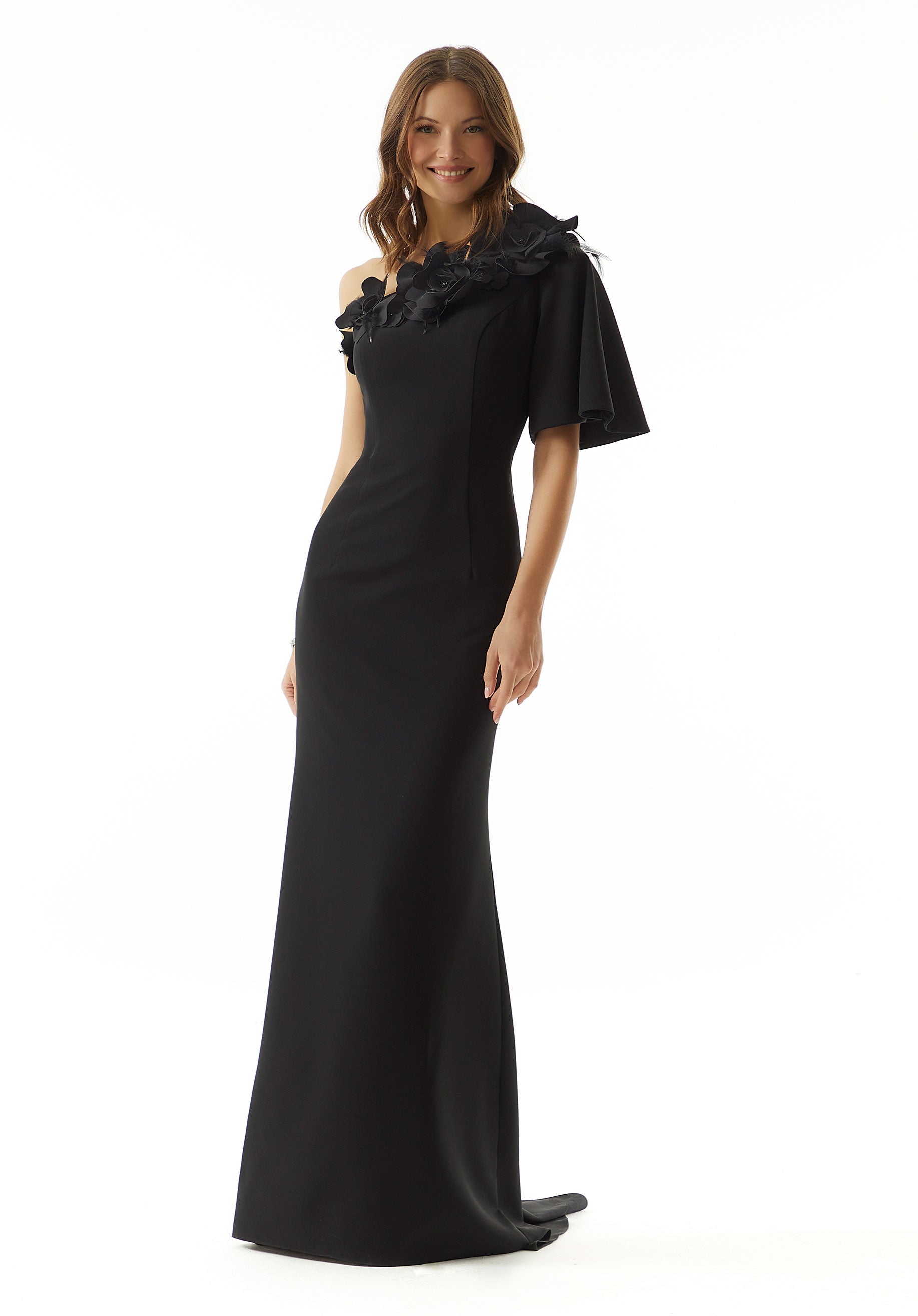 Black One-Shoulder Floor-Length Crepe Evening Gown with 3D Flowers and Feathers MGNY Madeline Gardner New York 73009