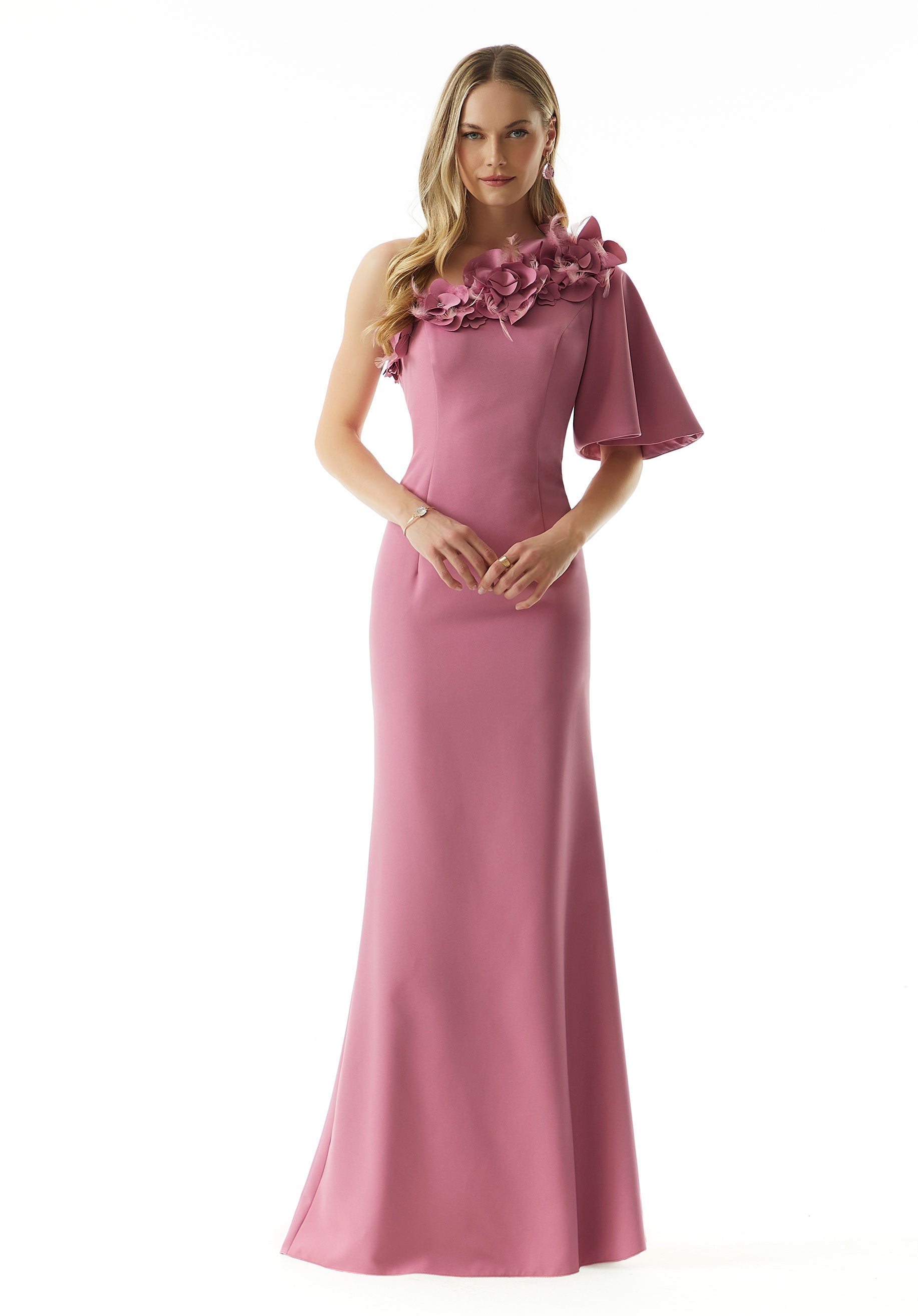 Peony One-Shoulder Floor-Length Crepe Evening Gown with 3D Flowers and Feathers MGNY Madeline Gardner New York 73009