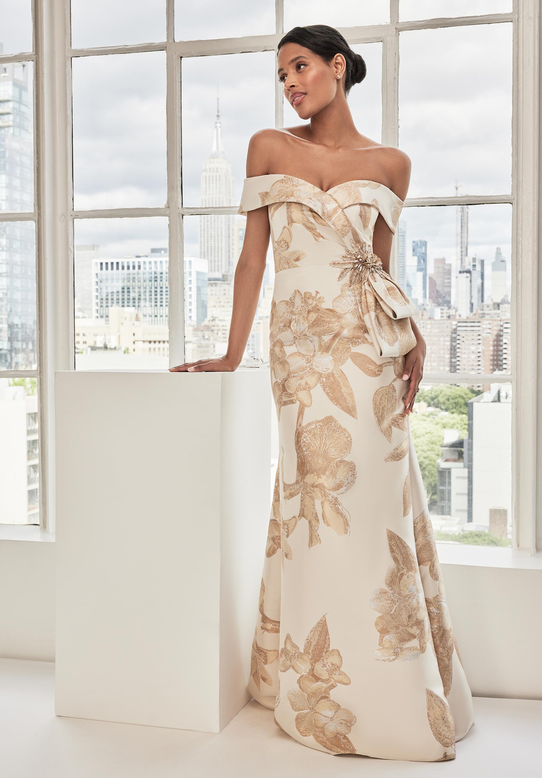 MGNY Madeline Gardner New York 73115 Long Metallic Floral Print Formal Dress - Champagne / 6 MGNY Madeline Gardner New York 73115 Long Metallic Floral Print Formal Dress - Champagne / 6