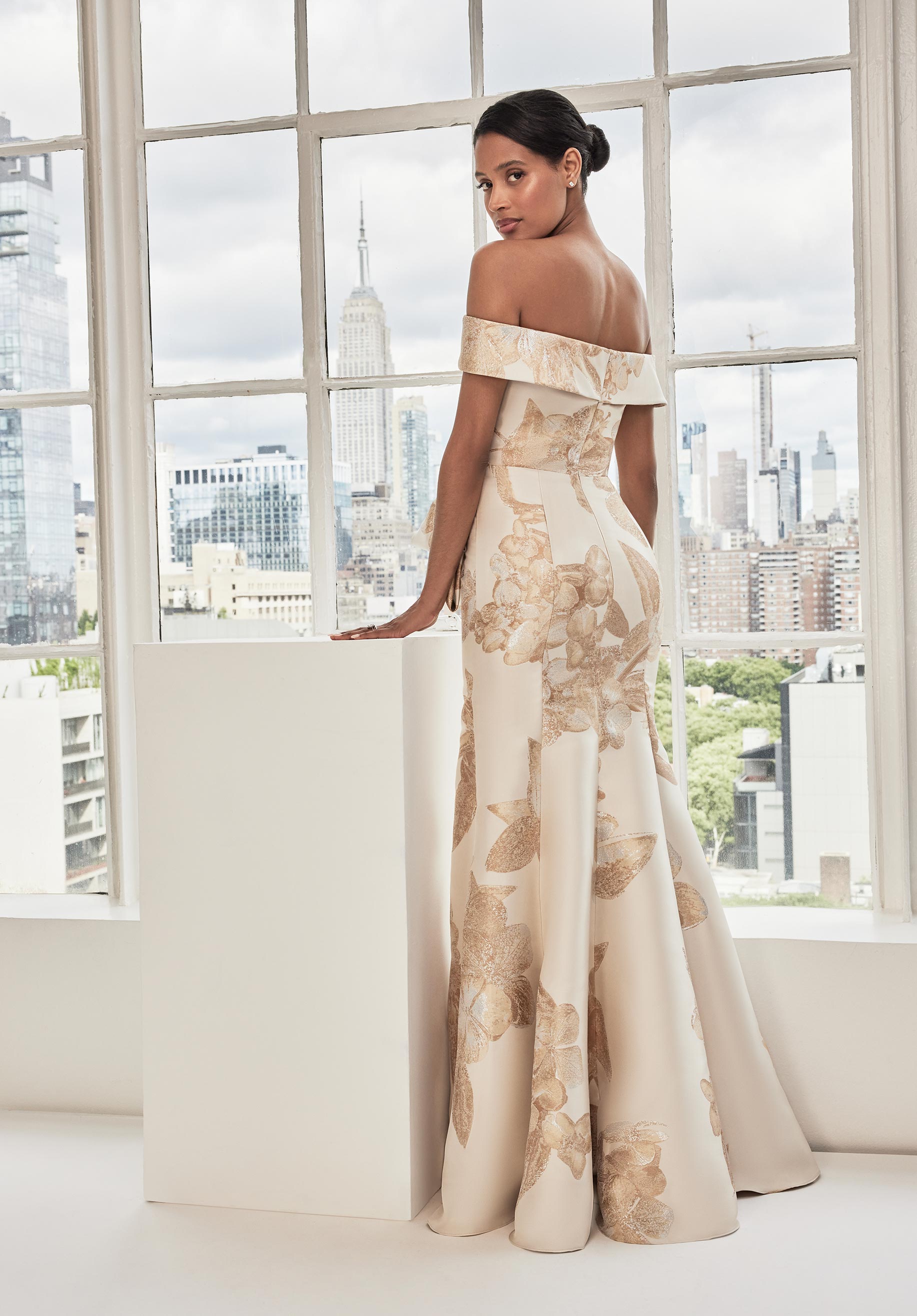 metallic floral print dress MGNY Madeline Gardner New York 73115 Long Metallic Floral Print Formal Dress