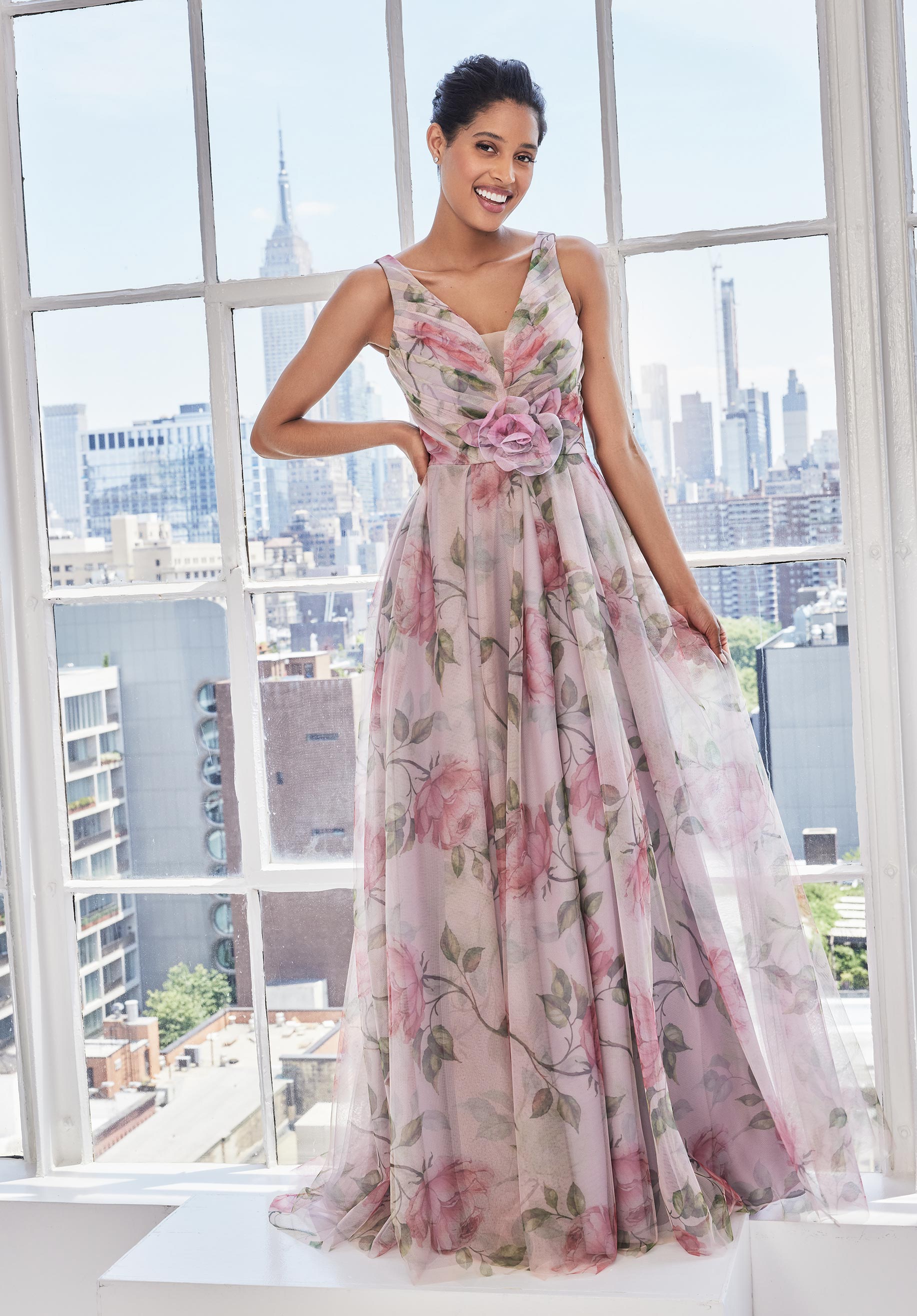 MGNY Madeline Gardner New York 73122 Long Formal A Line Floral Evening Dress MGNY Madeline Gardner New York 73122 Long Formal A Line Floral Evening Dress