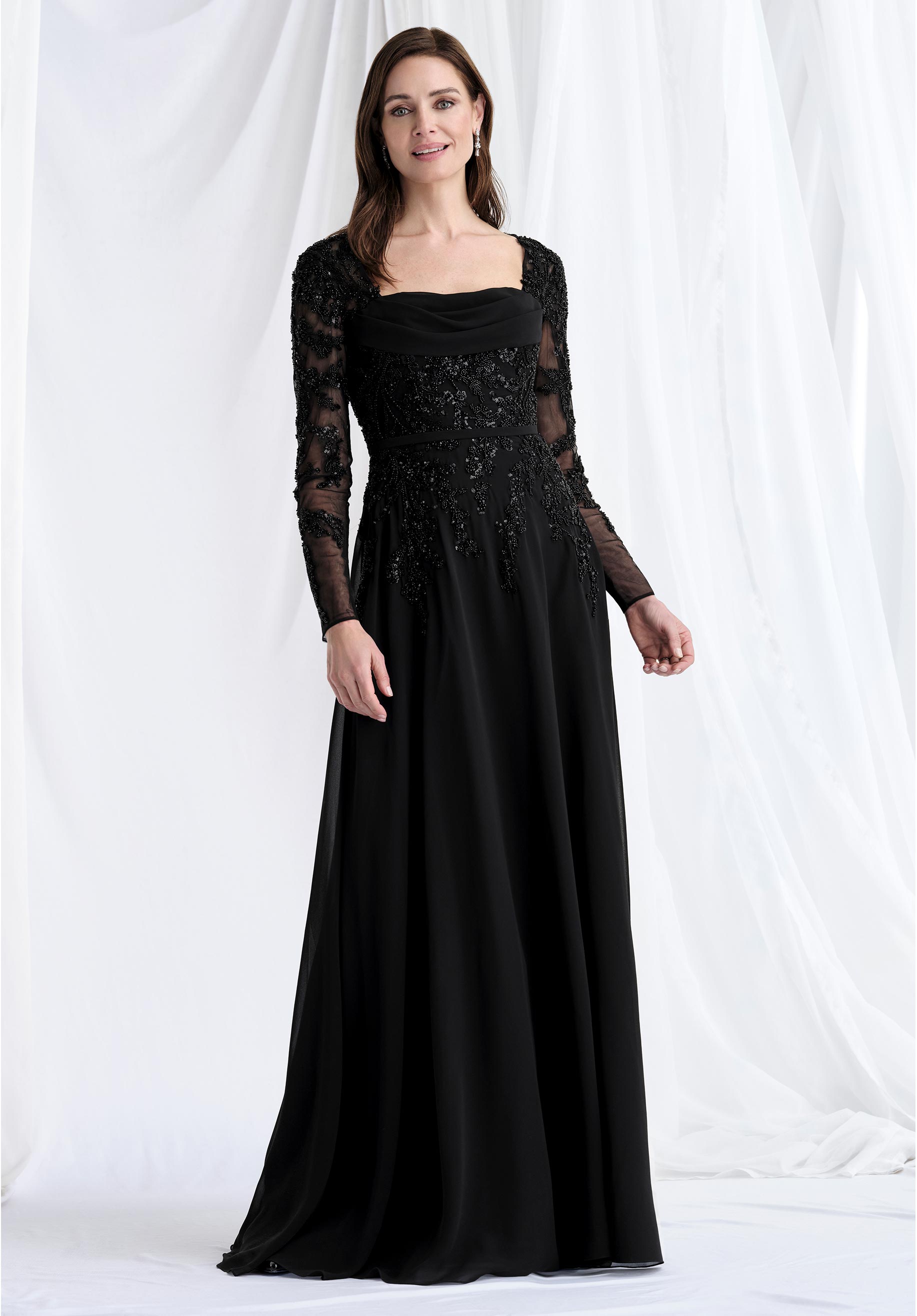 Black Square Neck Floor-Length Chiffon Evening Gown with Beaded Appliqué MGNY Madeline Gardner New York 73185