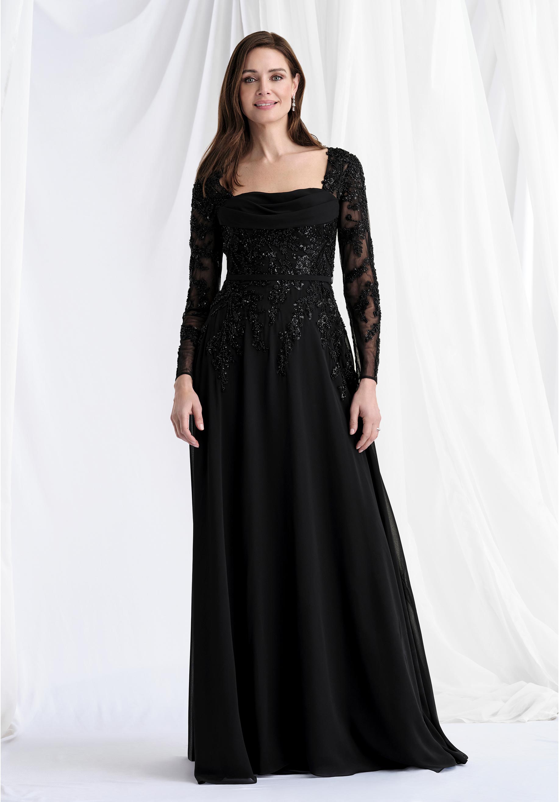 Black Square Neck Floor-Length Chiffon Evening Gown with Beaded Appliqué MGNY Madeline Gardner New York 73185