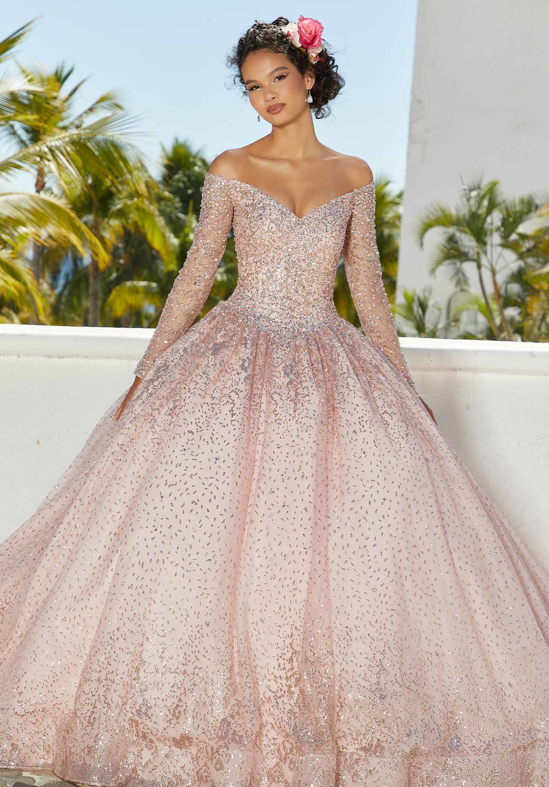 Off-the-Shoulder Floor-Length Tulle Quinceañera Ball Gown MGNY Madeline Gardner New York 89355