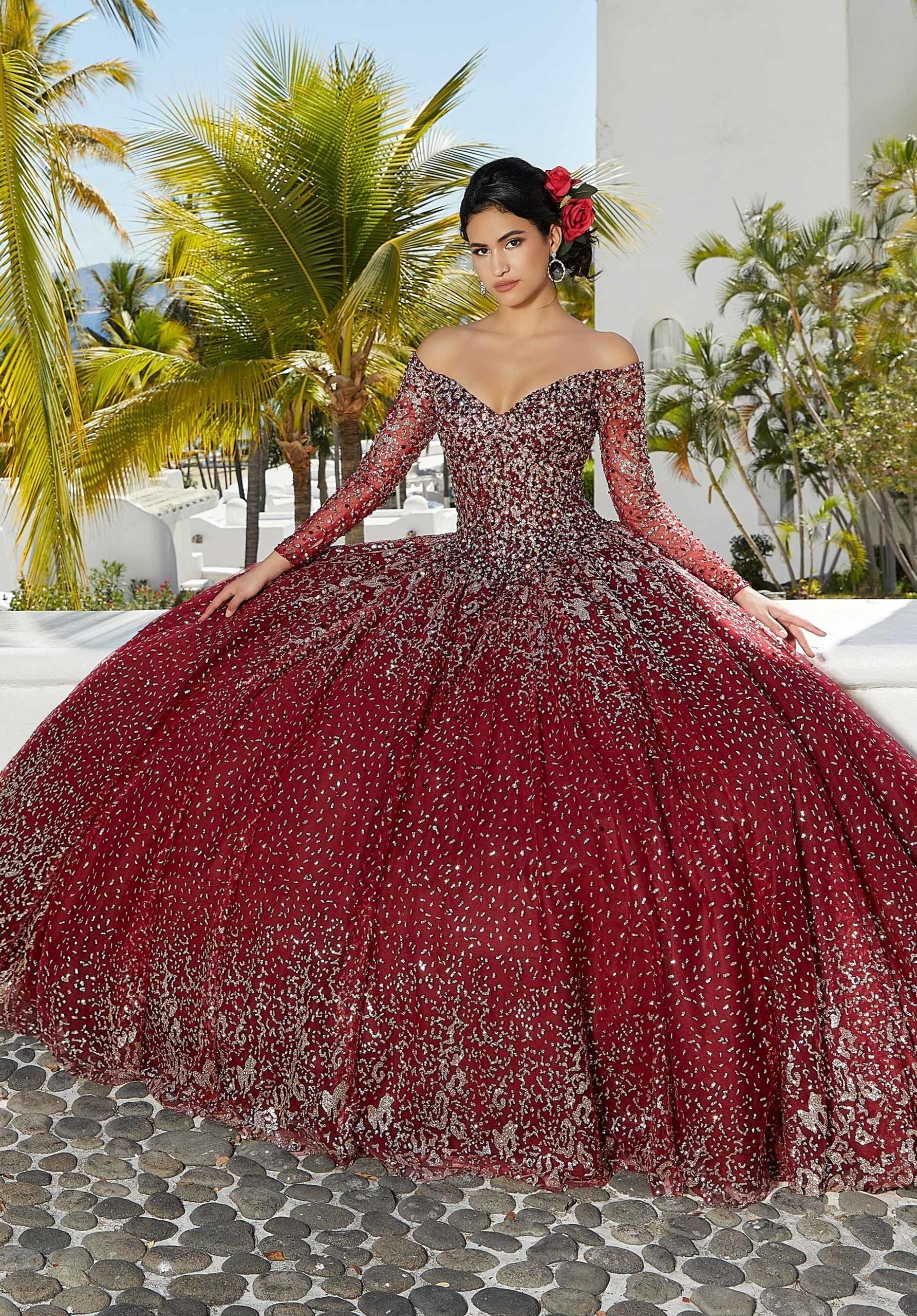 Off-the-Shoulder Floor-Length Tulle Quinceañera Ball Gown MGNY Madeline Gardner New York 89355