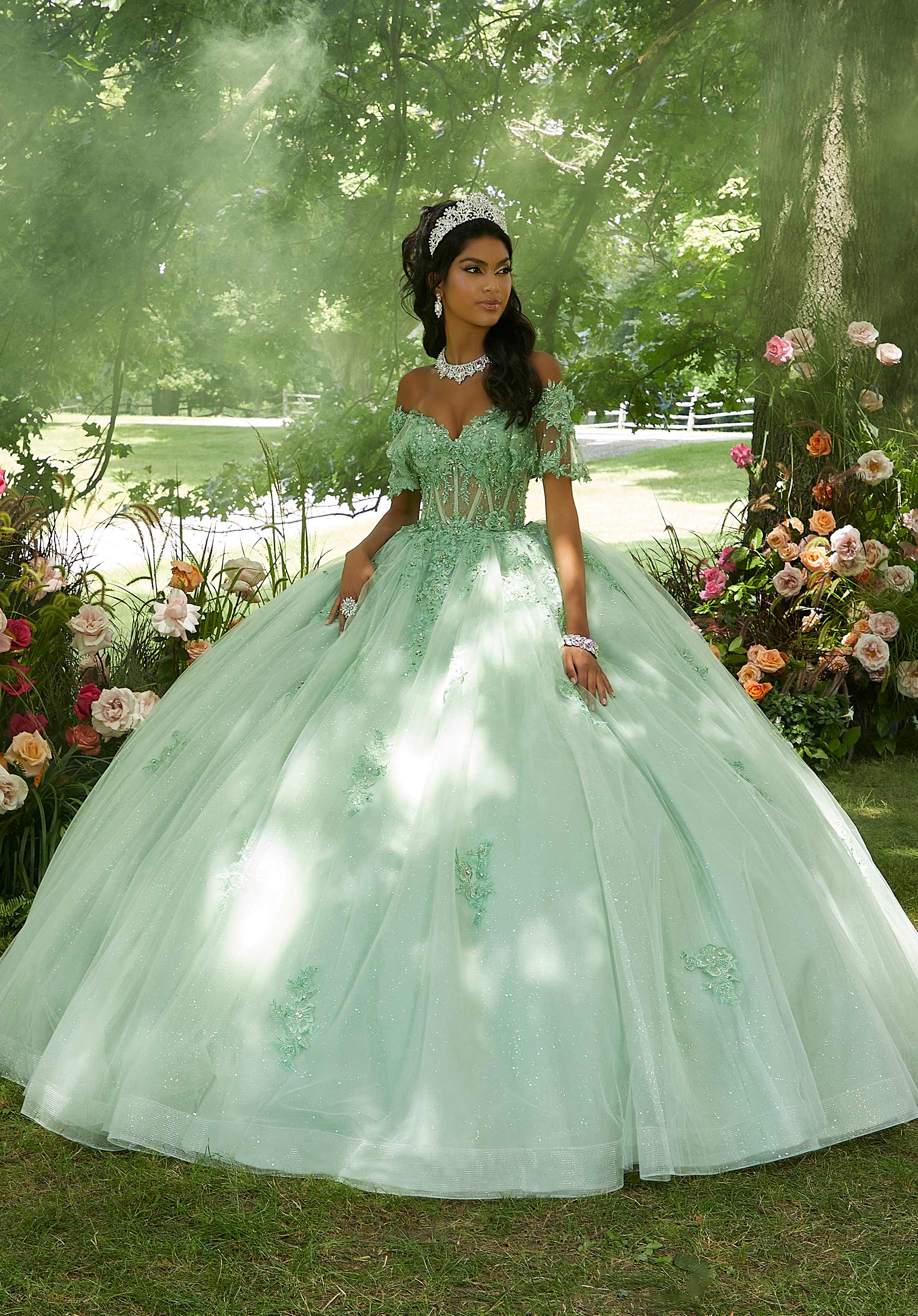Off-the-Shoulder Floor-Length Tulle Formal Ball Gown MGNY Madeline Gardner New York 89445