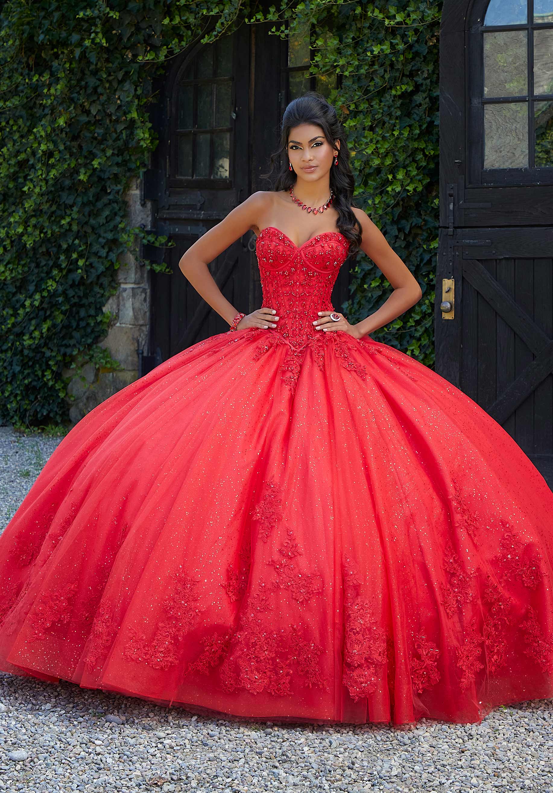 Strapless Curved Neck Floor-Length Tulle Quinceañera Ball Gown MGNY Madeline Gardner New York 89451