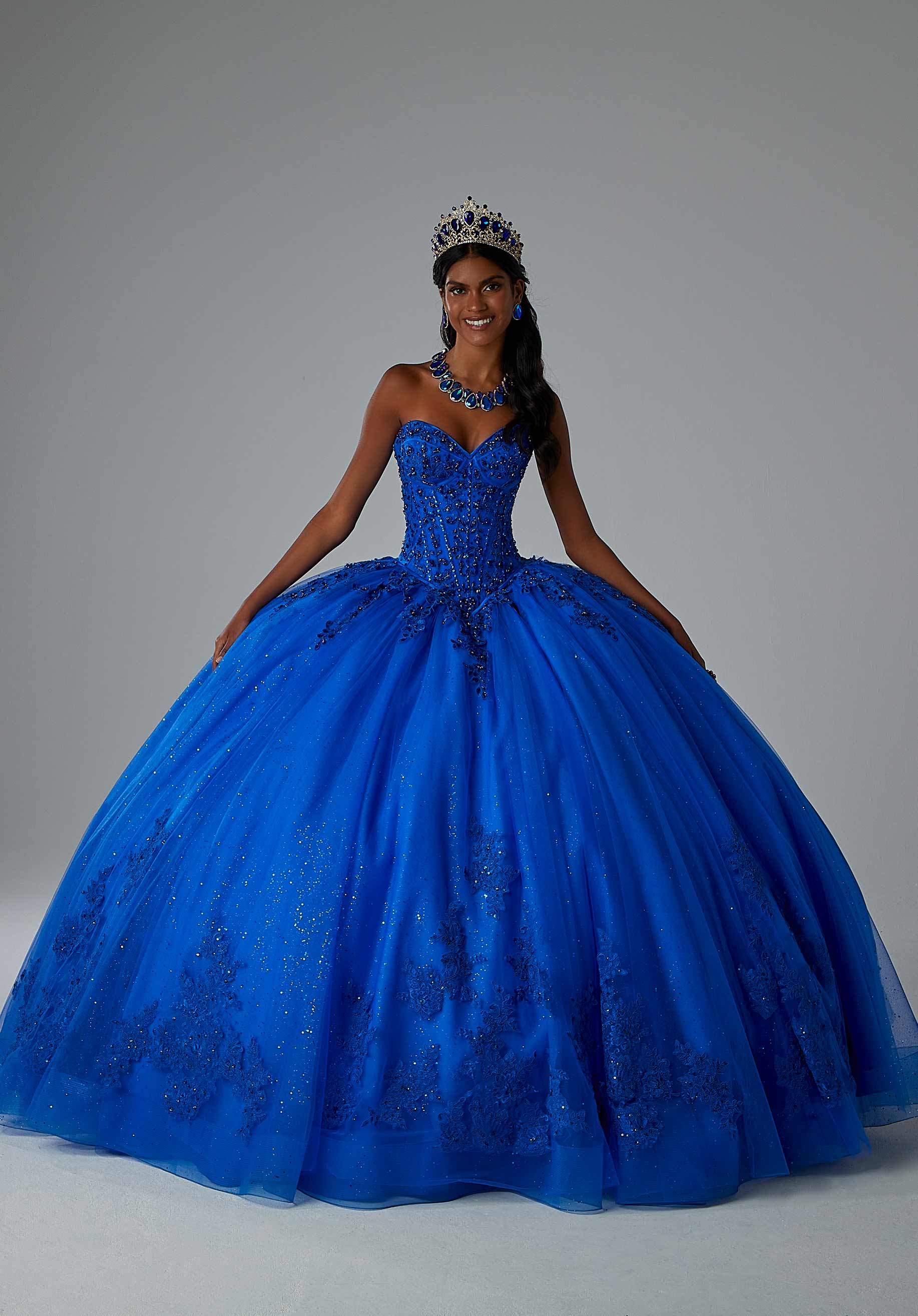 Strapless Curved Neck Floor-Length Tulle Quinceañera Ball Gown MGNY Madeline Gardner New York 89451