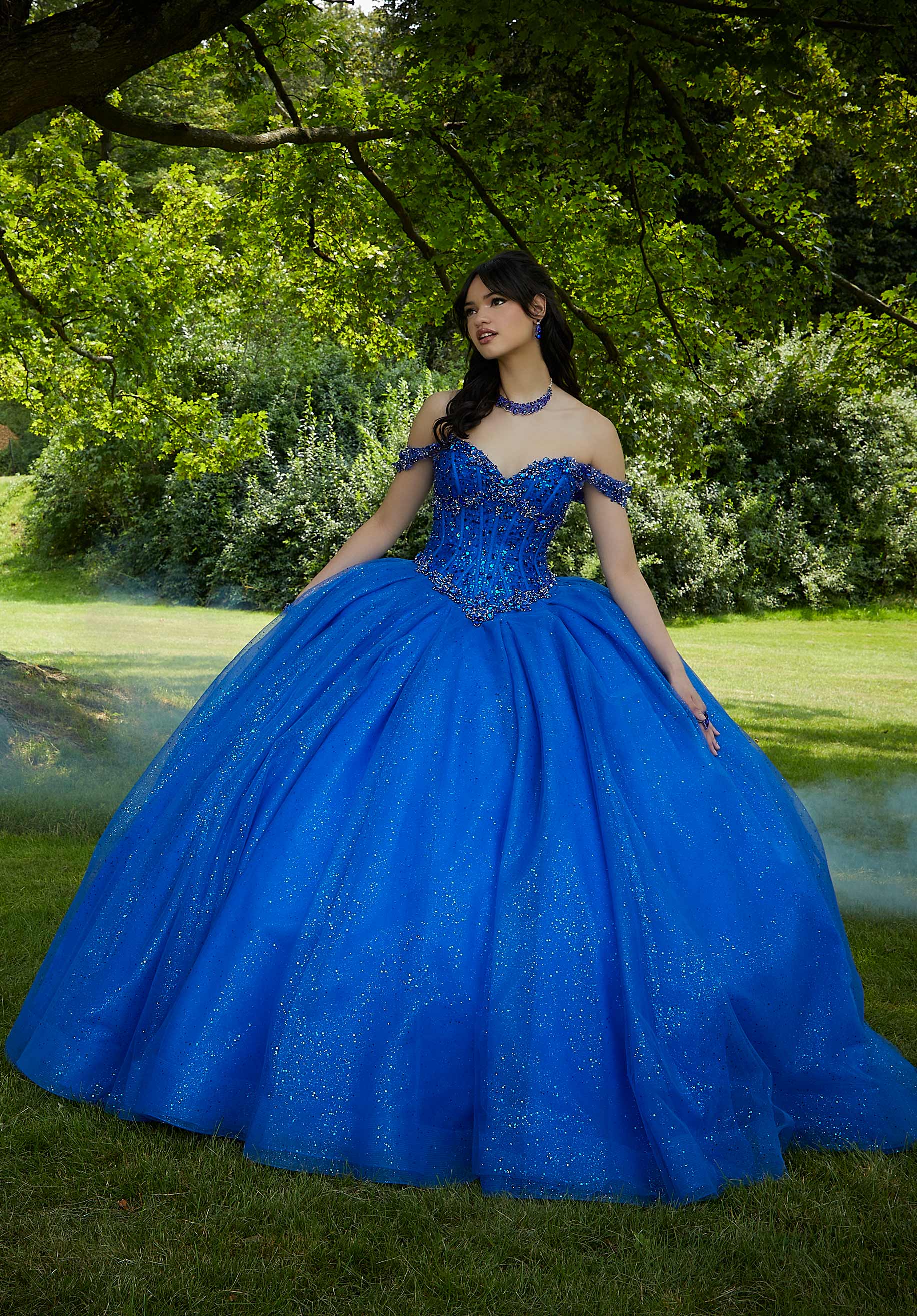 Off-the-Shoulder Floor-Length Tulle Prom Ball Gown MGNY Madeline Gardner New York 89453