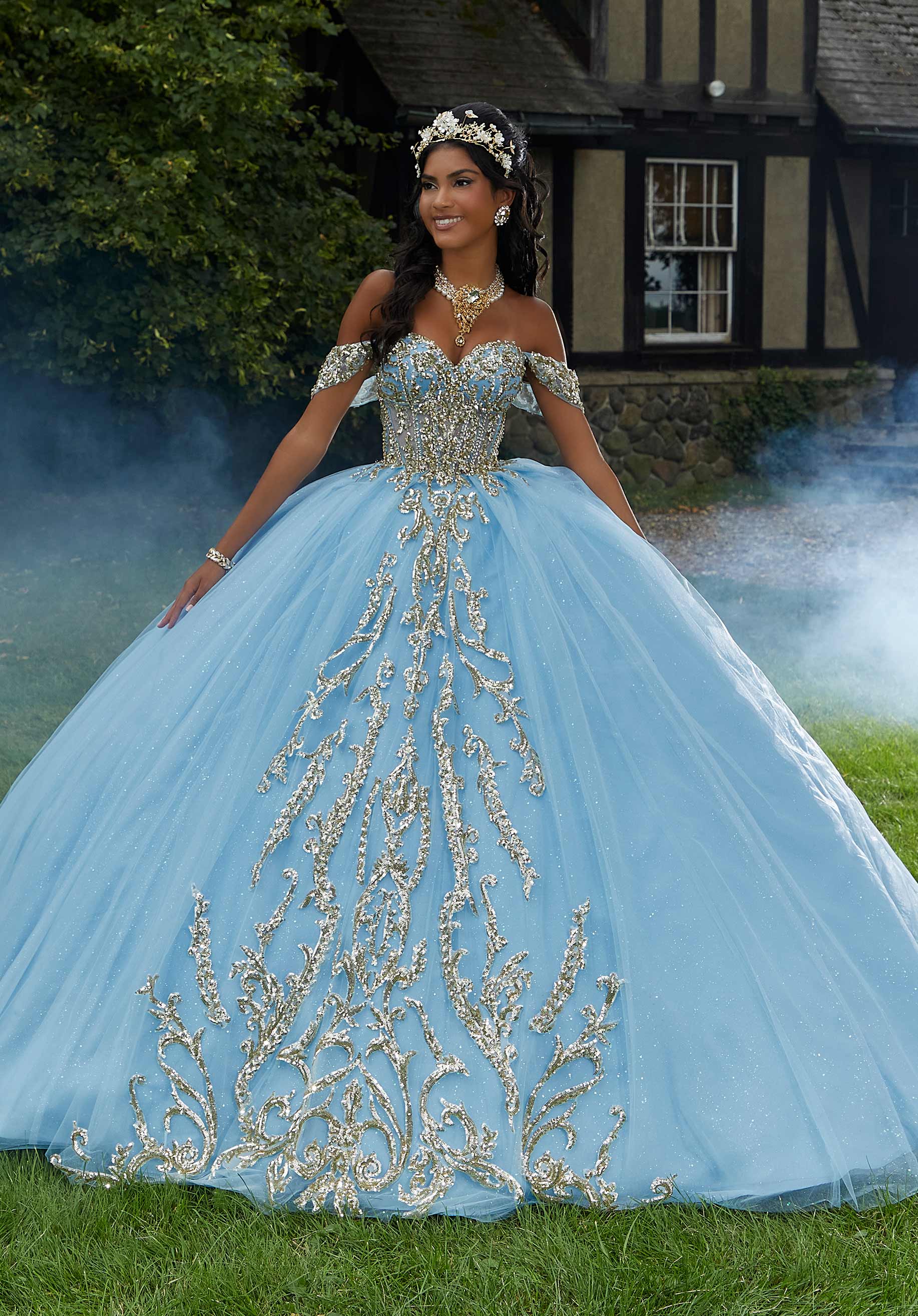 Off-the-Shoulder Floor-Length Tulle Quinceañera Ball Gown MGNY Madeline Gardner New York 89458
