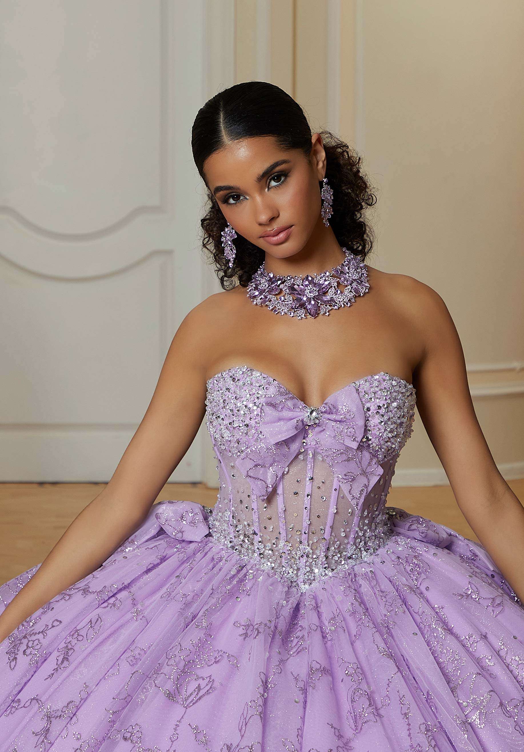 Strapless Curved Neck Floor-Length Tulle Quinceañera Ball Gown MGNY Madeline Gardner New York 89478