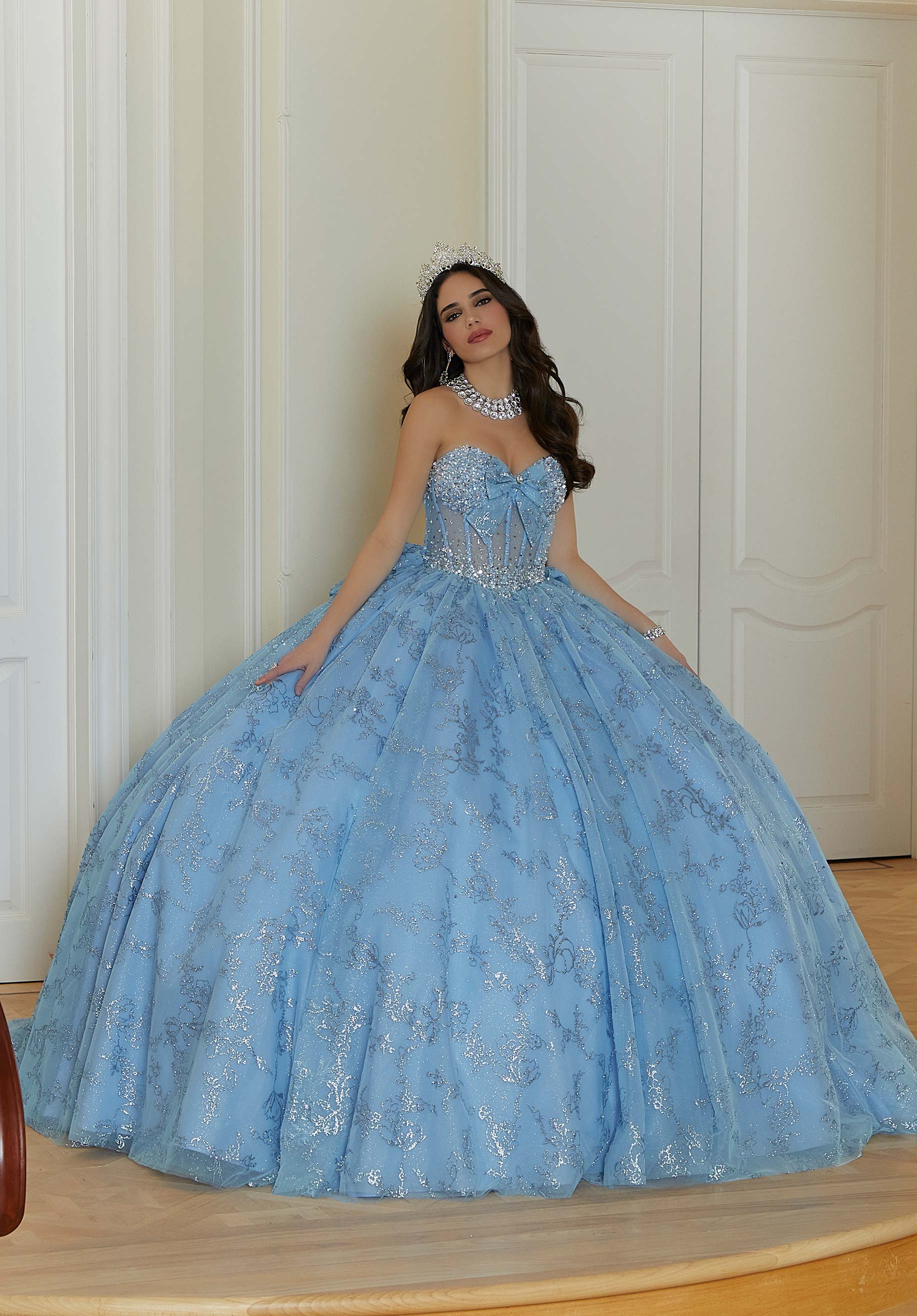 Strapless Curved Neck Floor-Length Tulle Quinceañera Ball Gown MGNY Madeline Gardner New York 89478
