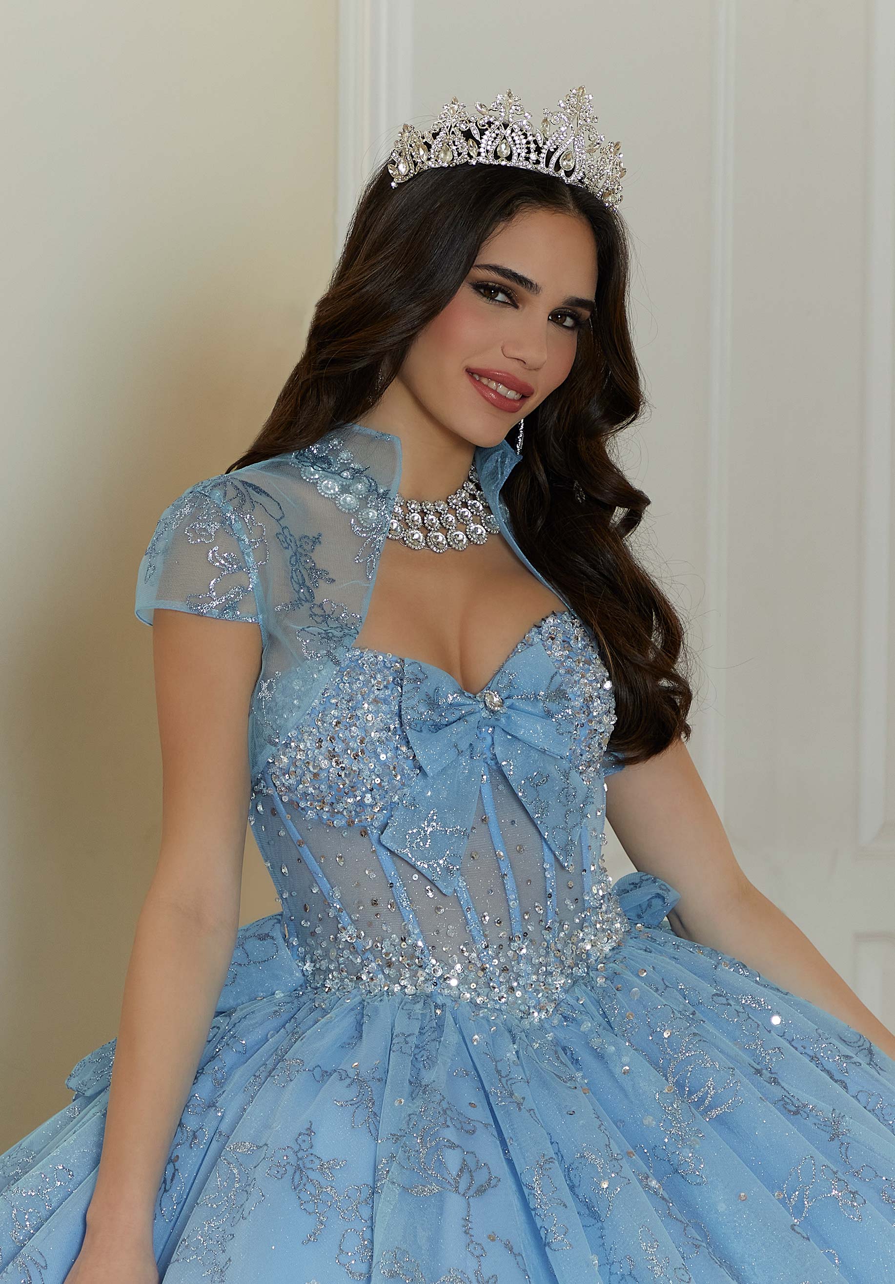 Strapless Curved Neck Floor-Length Tulle Quinceañera Ball Gown MGNY Madeline Gardner New York 89478