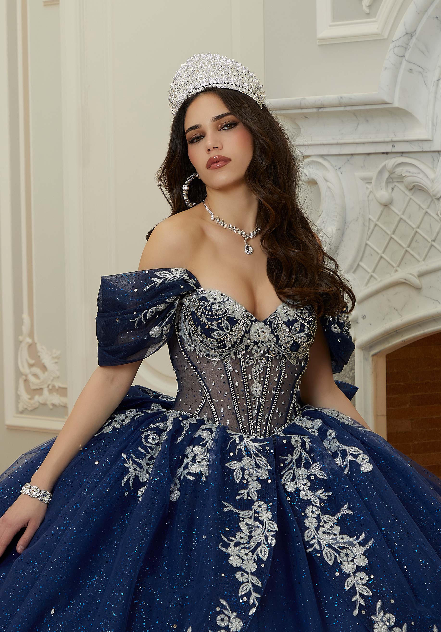 Off-the-Shoulder Floor-Length Tulle Quinceañera Ball Gown MGNY Madeline Gardner New York 89480