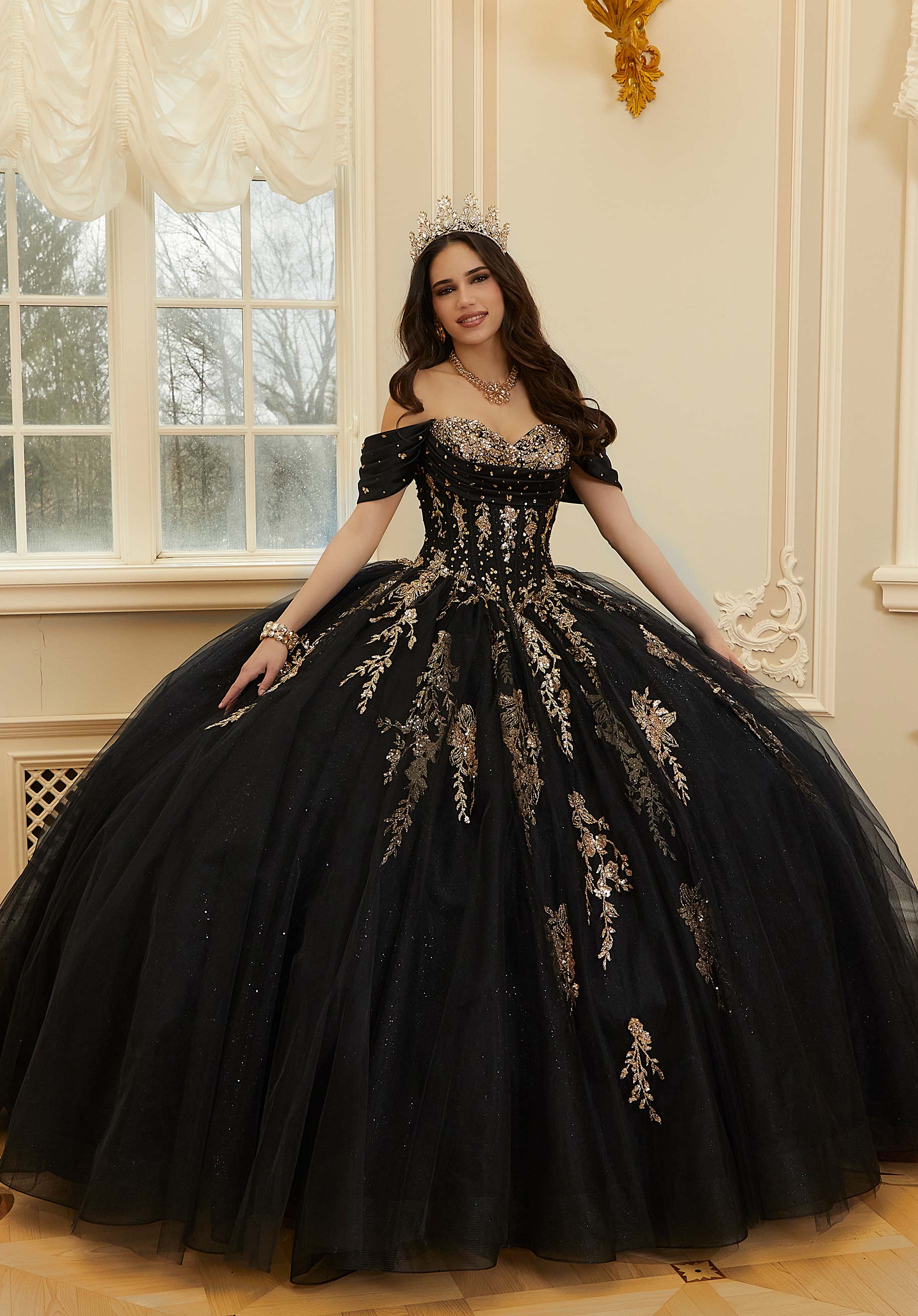 Off-the-Shoulder Floor-Length Tulle Formal Ball Gown MGNY Madeline Gardner New York 89481