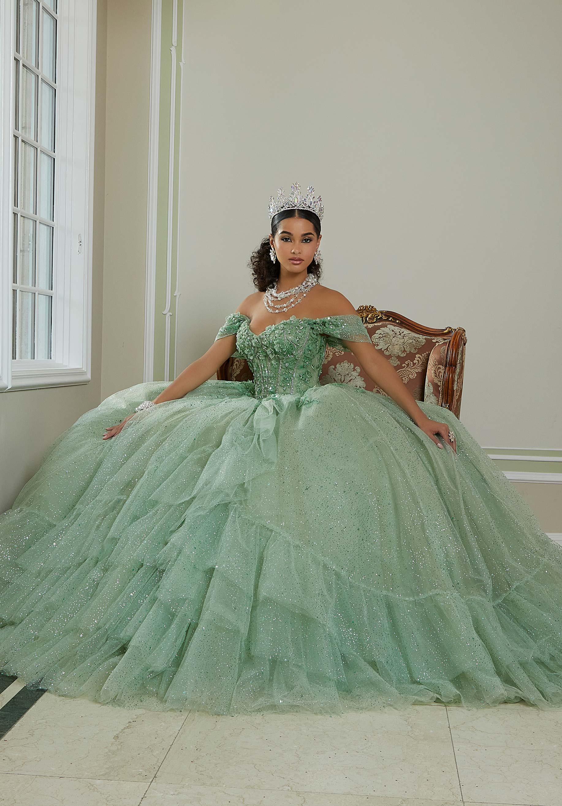 Off-the-Shoulder Floor-Length Tulle Quinceañera Ball Gown MGNY Madeline Gardner New York 89483