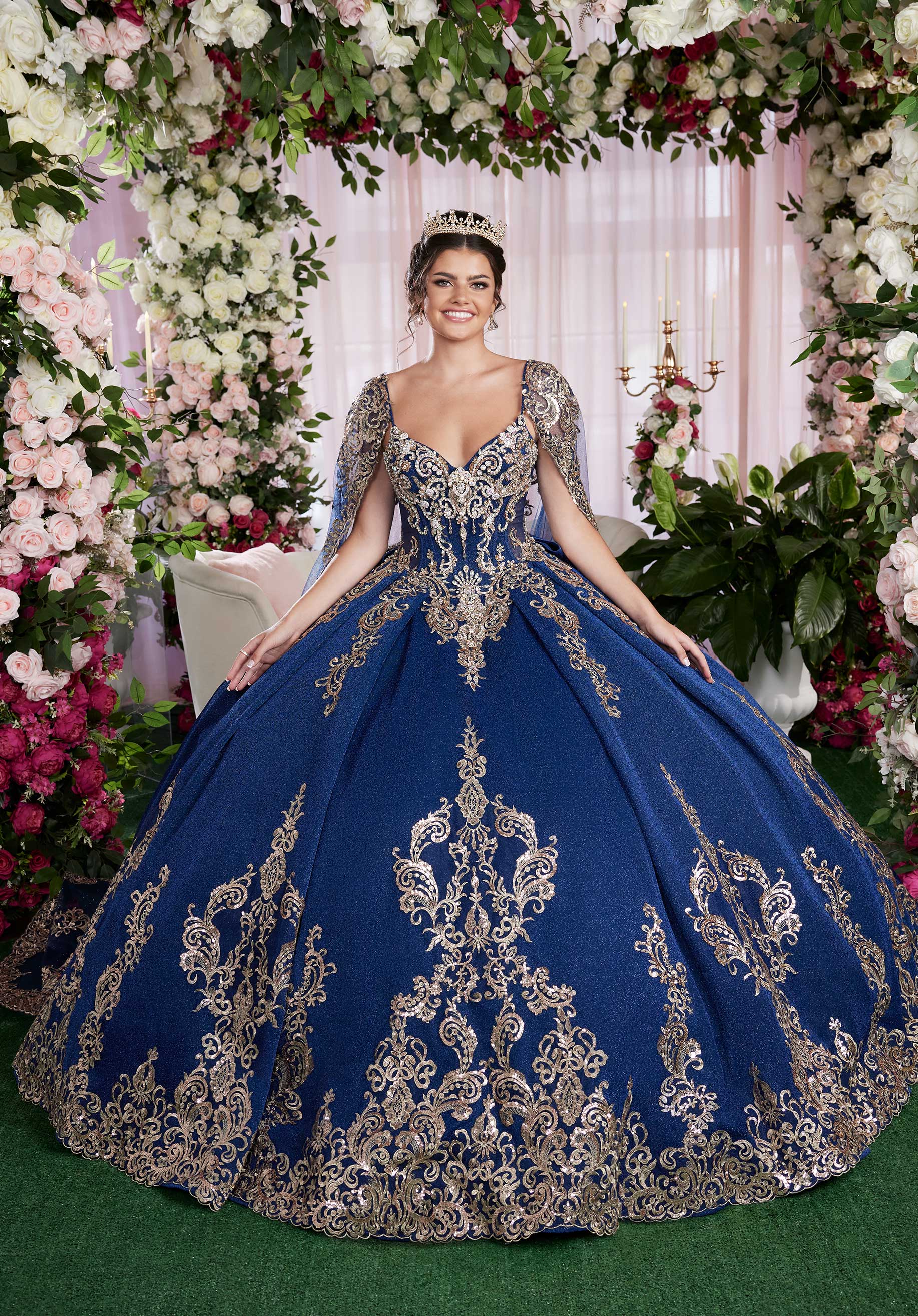Quinceniera Dresses Long Ball Gown Metallic Quinceañera Cape Dress Navy/Antique Gold