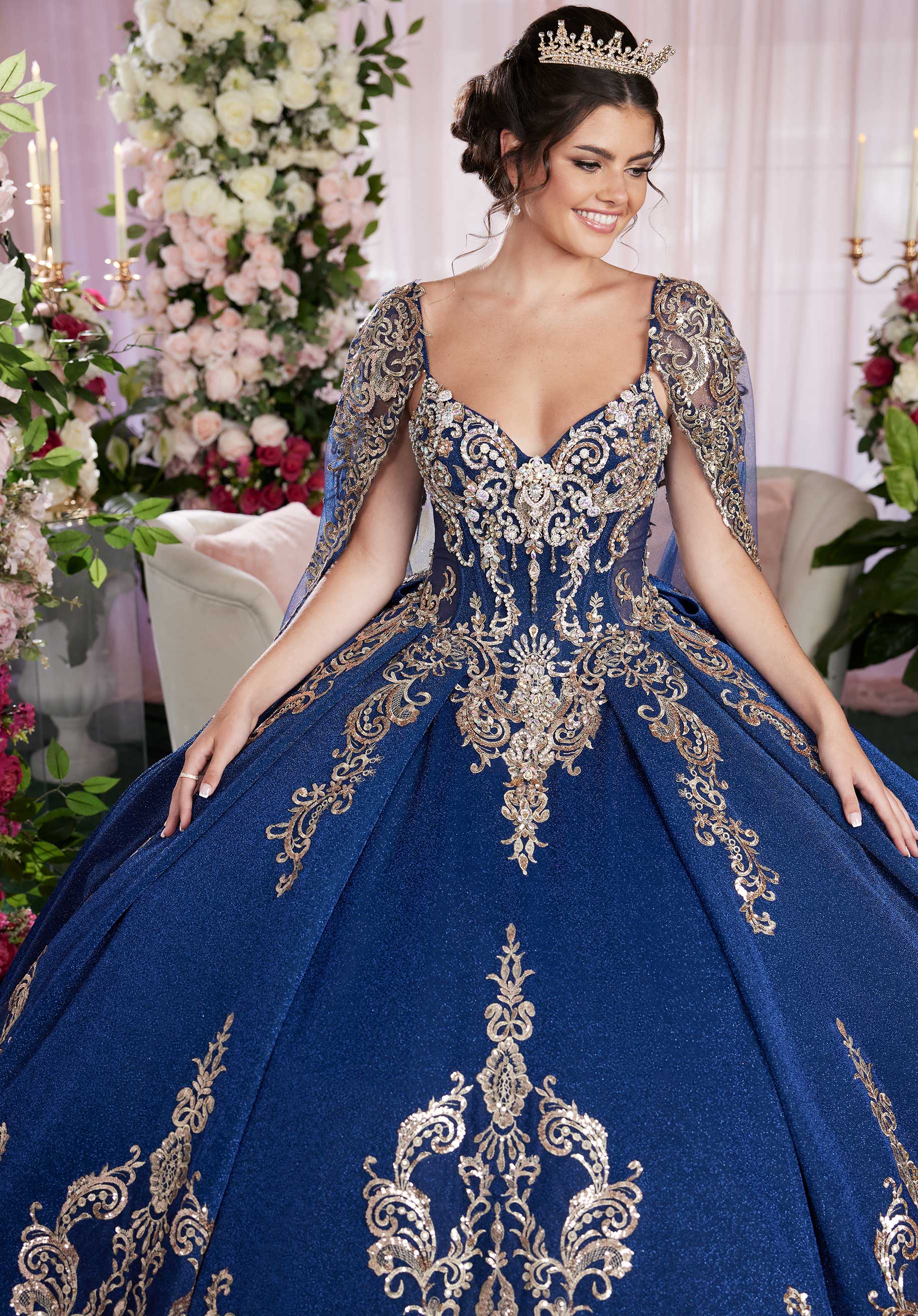 Quinceniera Dresses Long Ball Gown Metallic Quinceañera Cape Dress Navy/Antique Gold