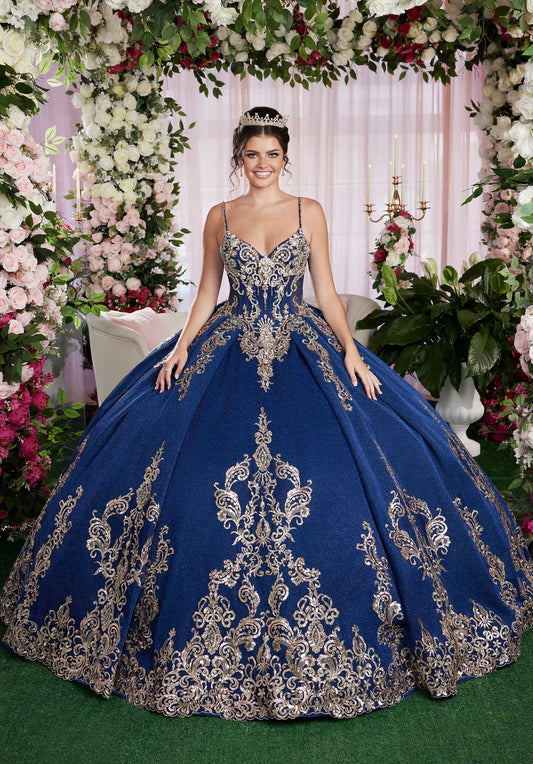 Quinceniera Dresses Long Ball Gown Metallic Quinceañera Cape Dress Navy/Antique Gold