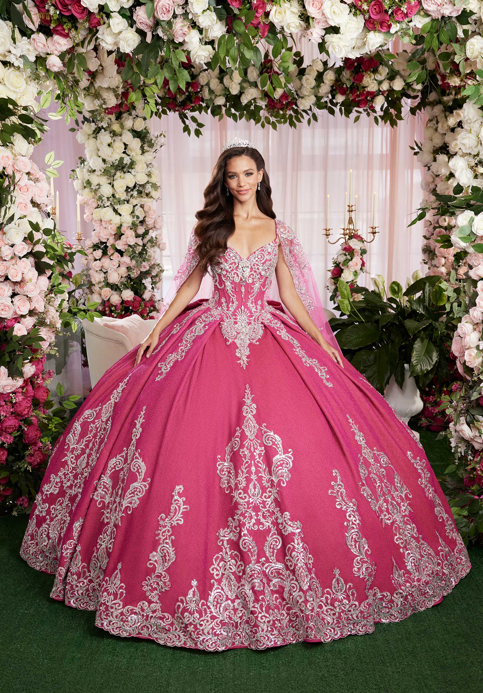 Quinceniera Dresses Long Ball Gown Metallic Quinceañera Cape Dress Berry/Silver