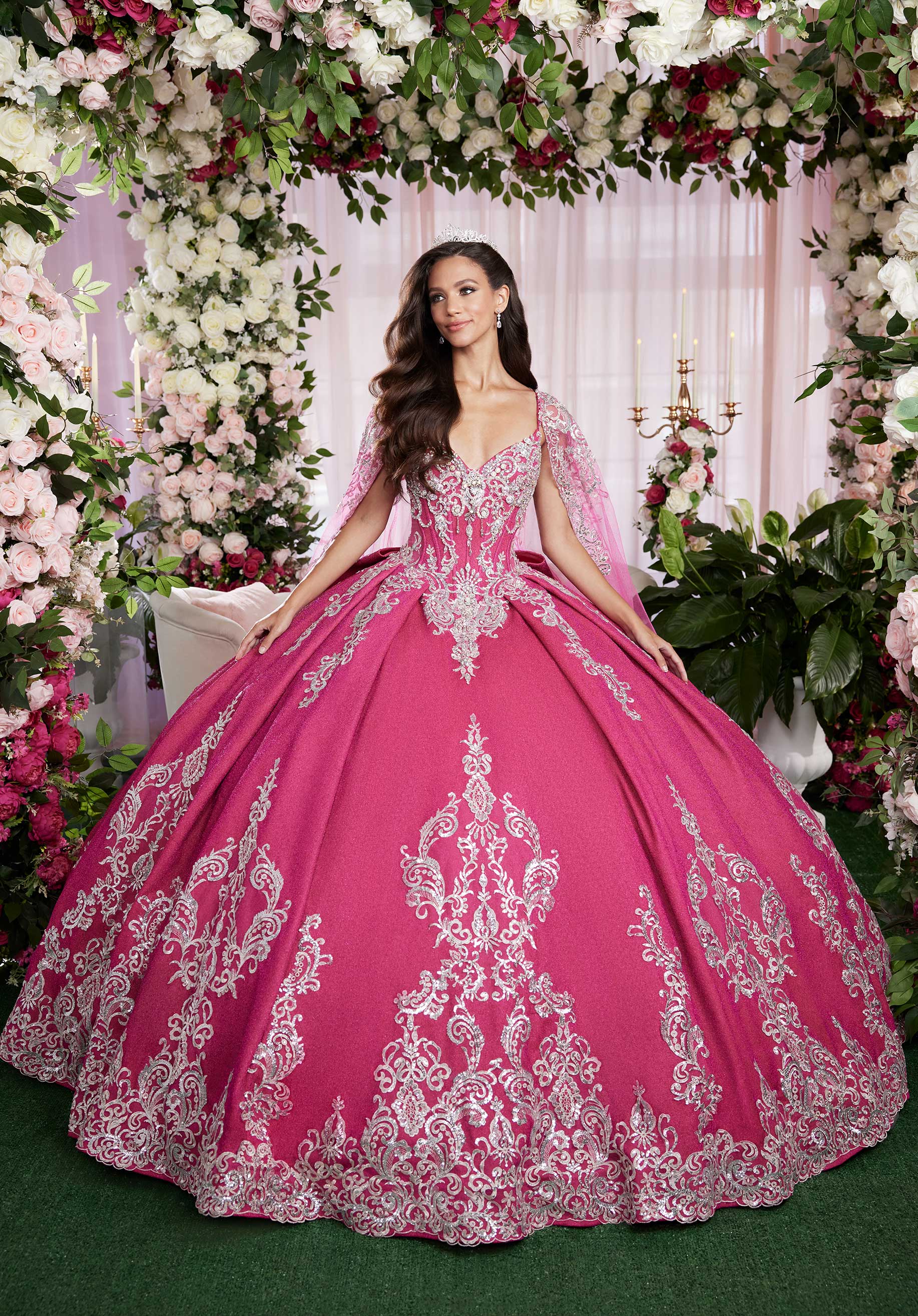 Quinceniera Dresses Long Ball Gown Metallic Quinceañera Cape Dress Berry/Silver