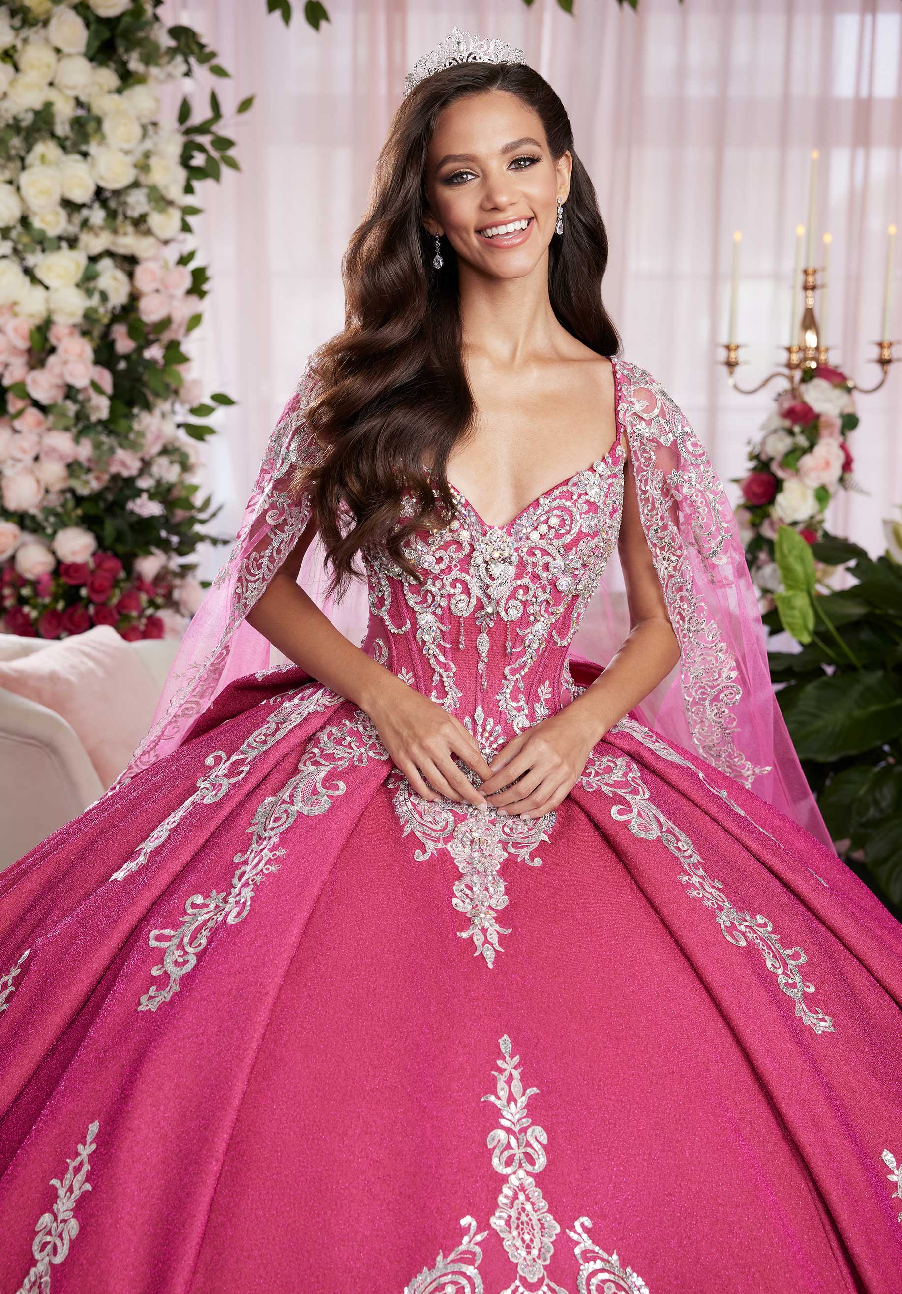 Quinceniera Dresses Long Ball Gown Metallic Quinceañera Cape Dress Berry/Silver