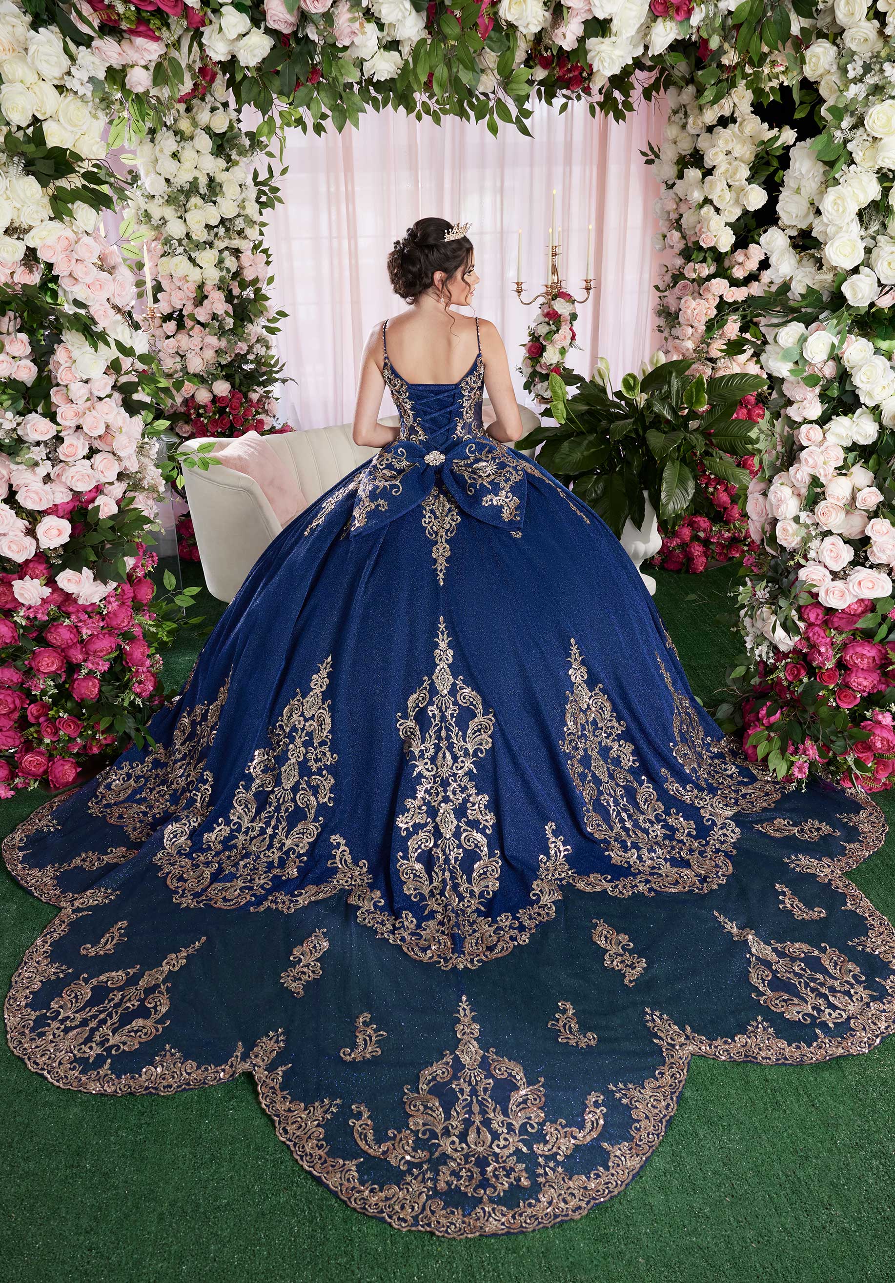 Quinceniera Dresses Long Ball Gown Metallic Quinceañera Cape Dress Navy/Antique Gold
