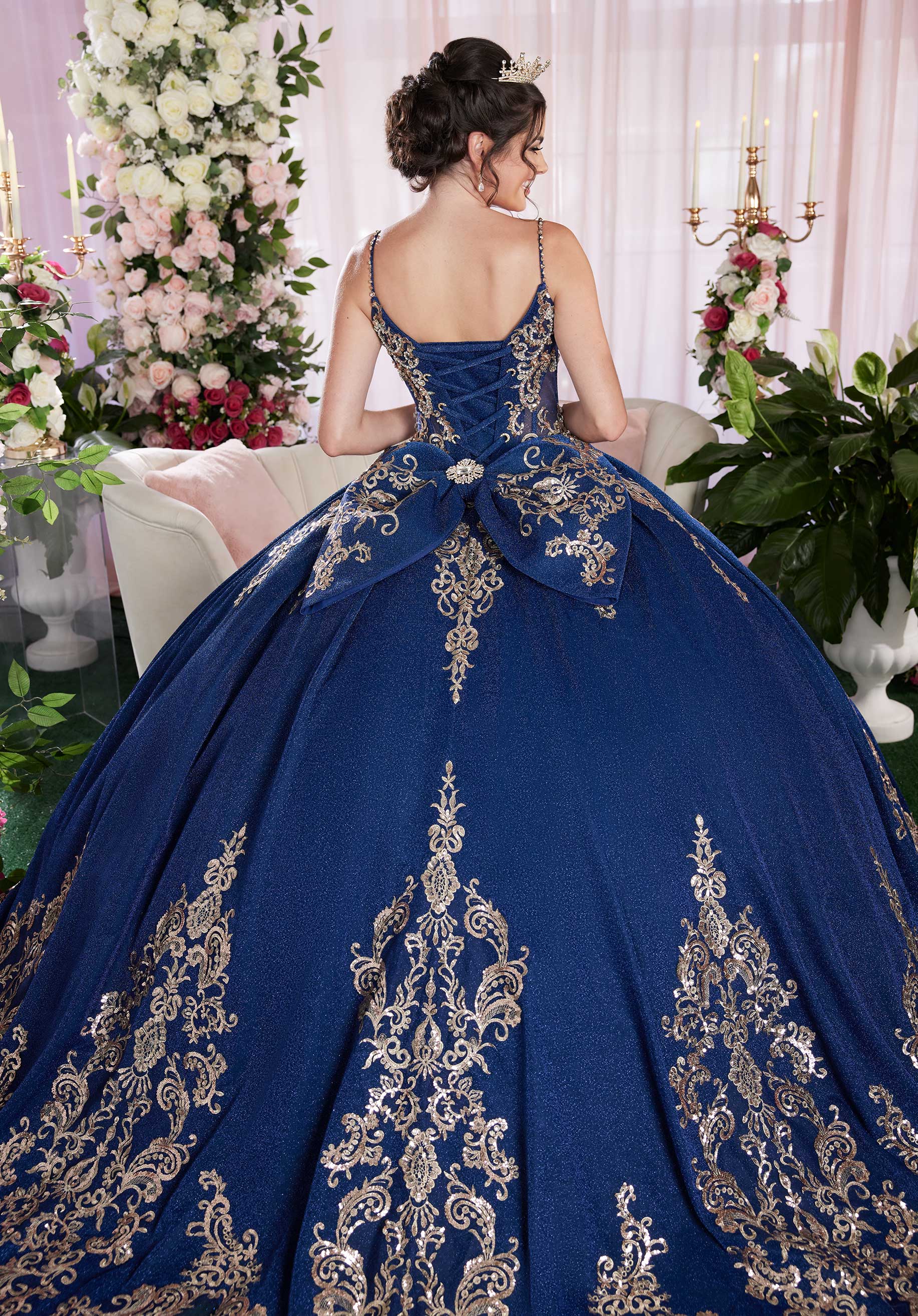 Quinceniera Dresses Long Ball Gown Metallic Quinceañera Cape Dress Navy/Antique Gold