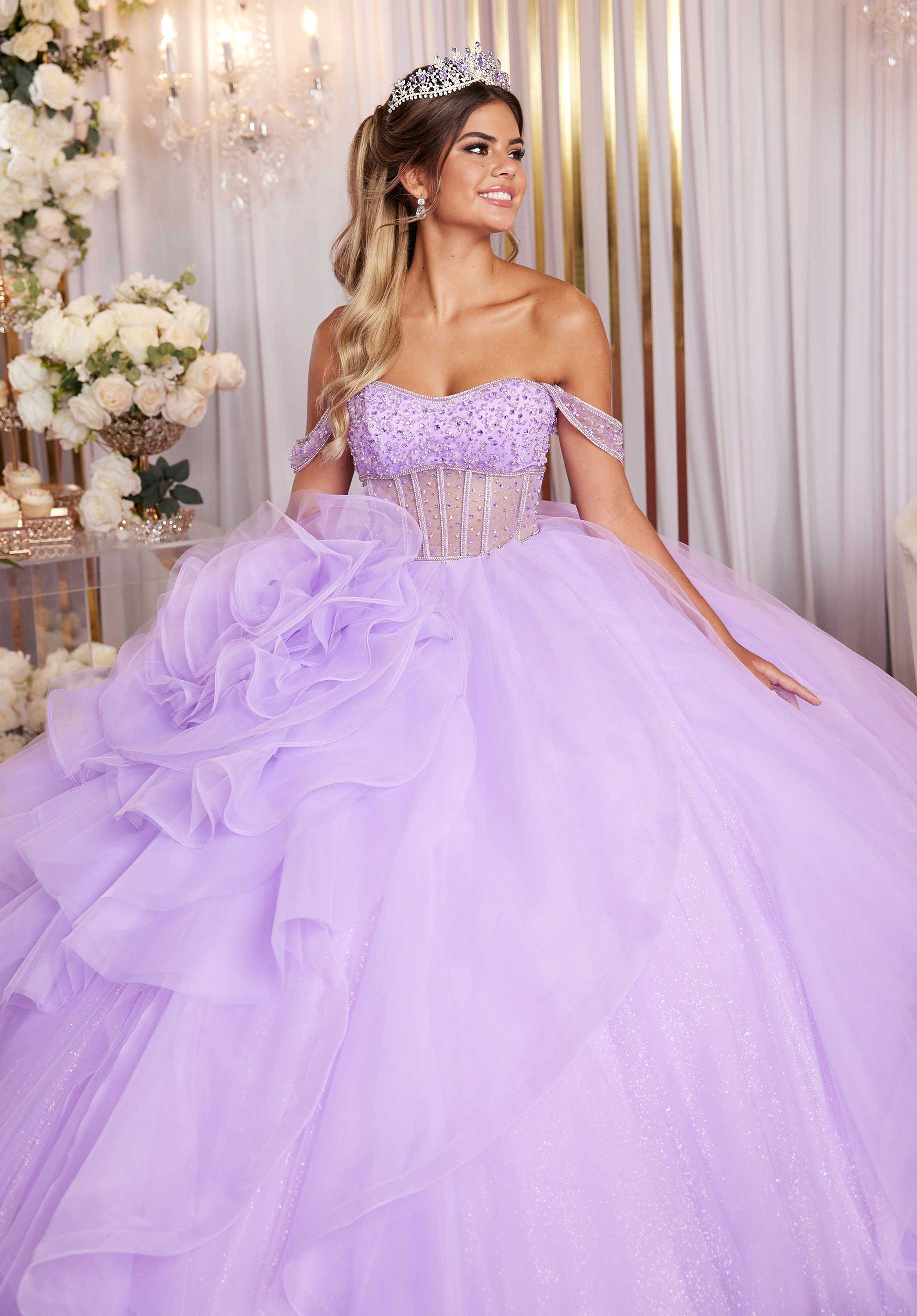 Quinceniera Dresses Long Beaded Corset Quinceanera Dress Pansy Purple