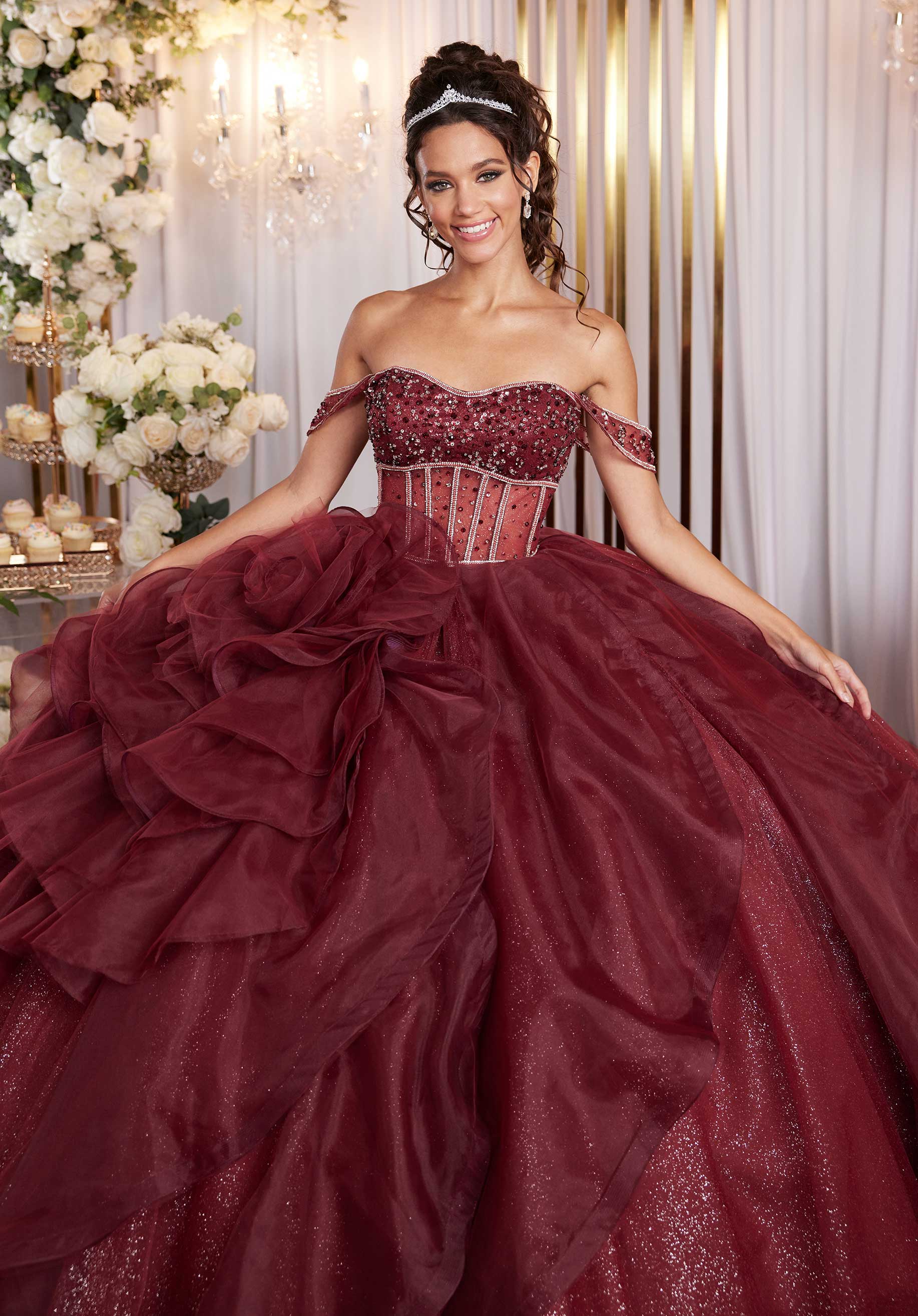 Quinceniera Dresses Long Beaded Corset Quinceanera Dress Sangria