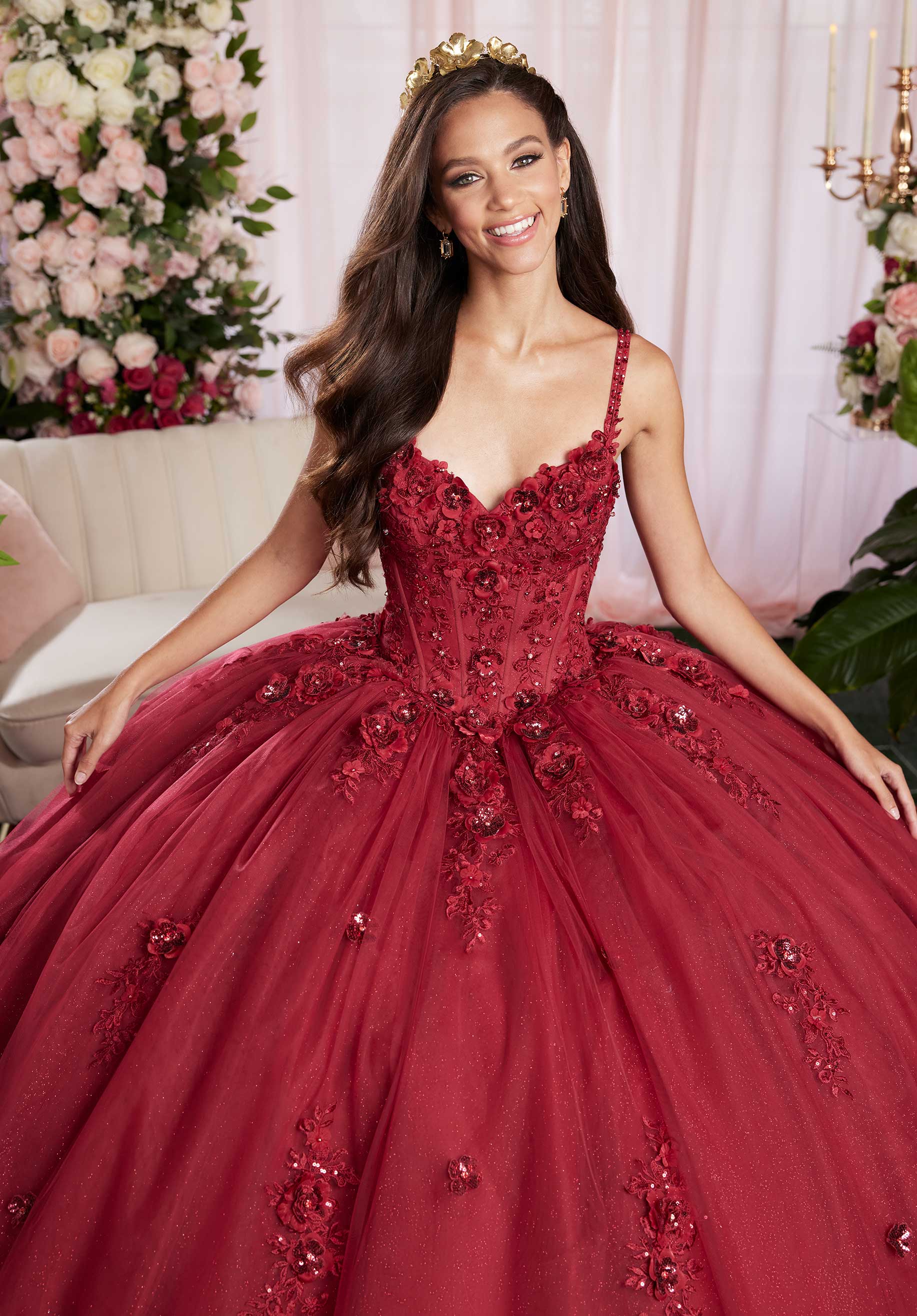 Quinceniera Dresses Long Glitter Ball Gown Corset Quinceanera Dress Ruby